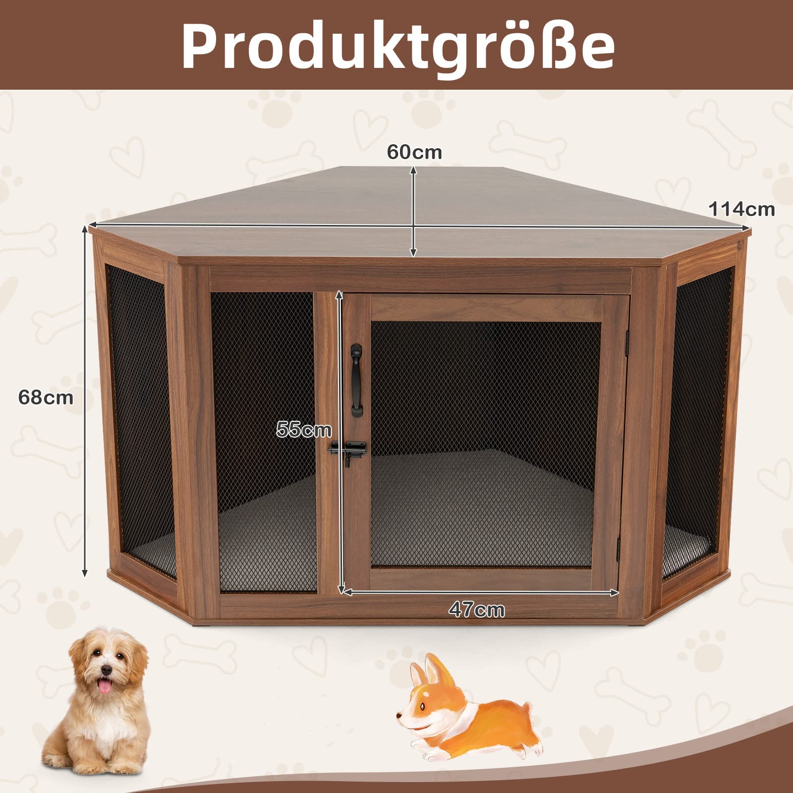 GYMAX Eck-Hundebox mit Kissen Hundehütte Haustierbox Holz mit Abschließbarer Tür Hundekäfig Haustierkäfig 114 x 60 x 68 cm Tierkäfig für zuhause Hundehaus Haustierhaus Braun