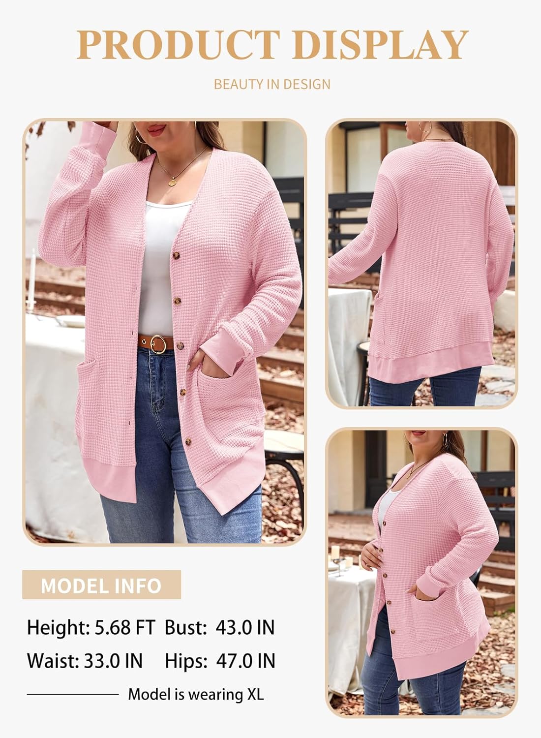 Eytino Womens Plus Size Cardigans Casual Long Sleeve Waffle Knit Front Button Tops(1X-5X) - Image 3