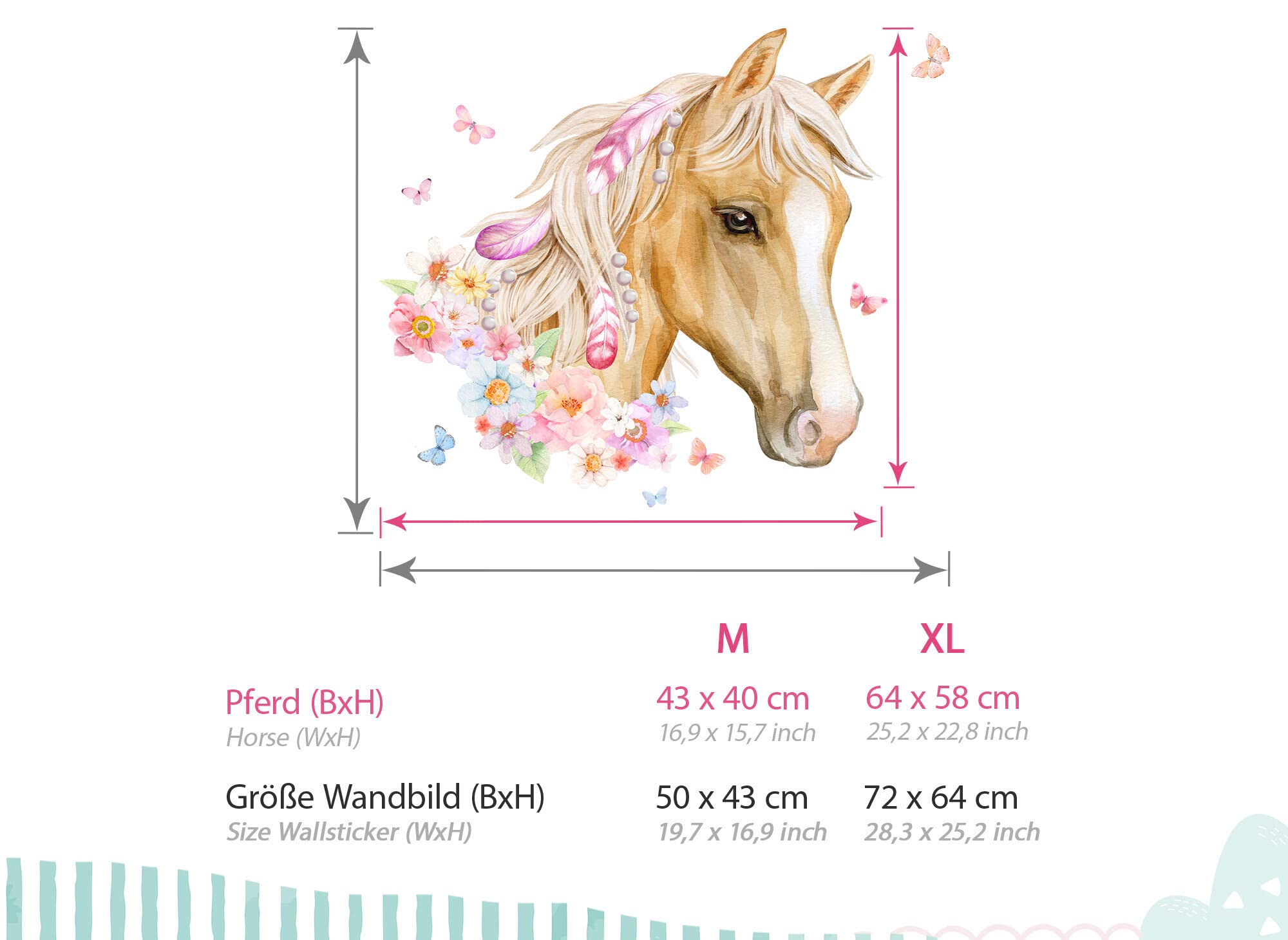 Graz Design DK1049-4 - Adesivo da parete con testa di cavallo e farfalle