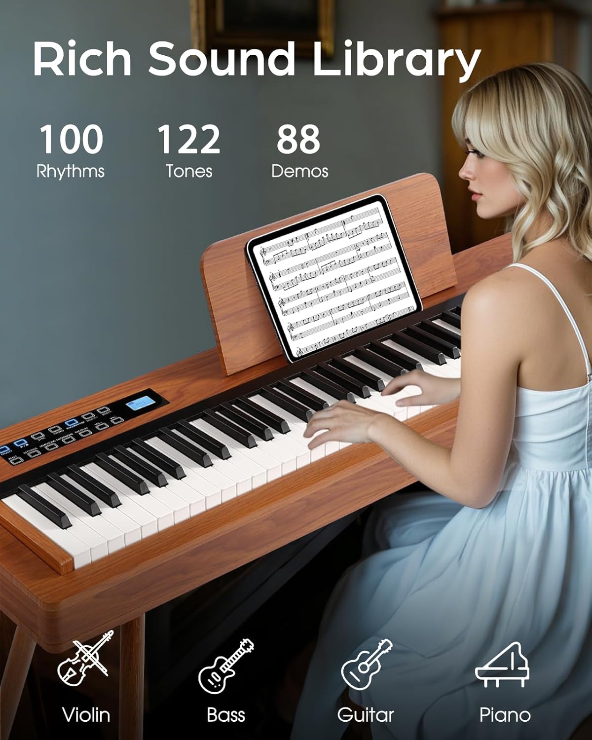 Image showing a woman playing the piano with a graphic indicating 100 rhythms, 122 tones, and 88 demos