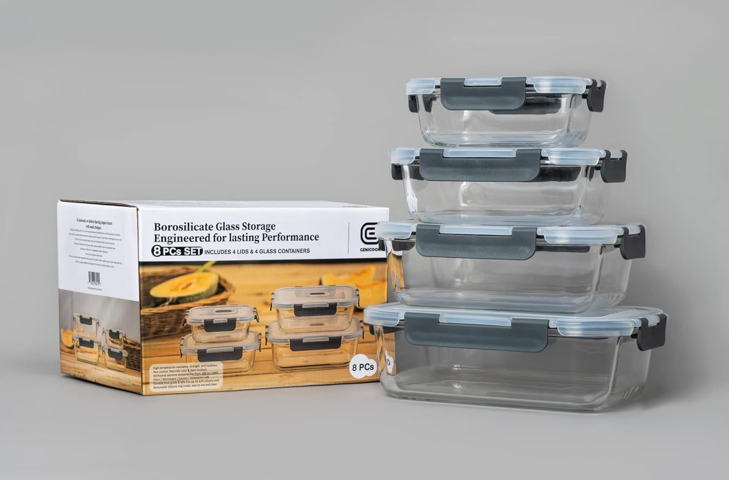 Genicook 8pc Rectangle Cool Lock container with Steam Vent