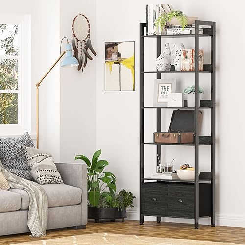 Miniatura 9 de Furologee Estantería de 6 niveles, estantería alta con 2 cajones, organizador de almacenamiento de exhibición industrial, estante de almacenamiento