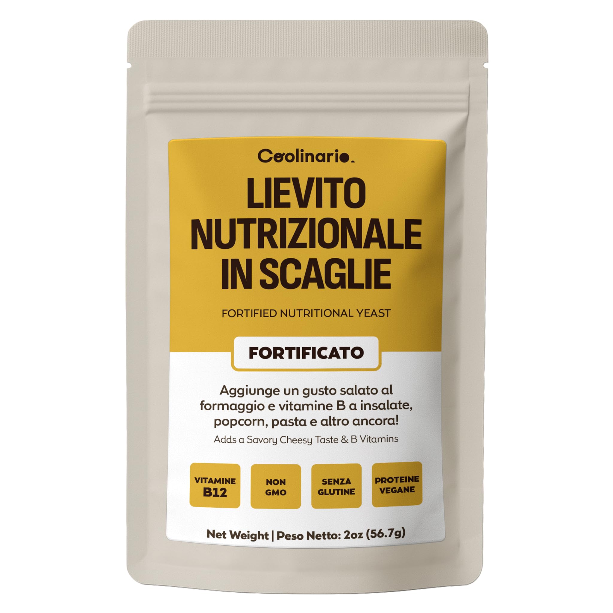 Coolinario Lievito Alimentare Fortificato (56 g) | Condimento Vegano Ricco di Vitamine B, B12 e Zinco | Sapore Umami per Pasta, Popcorn e Salse | Senza Glutine e 100% Vegetale