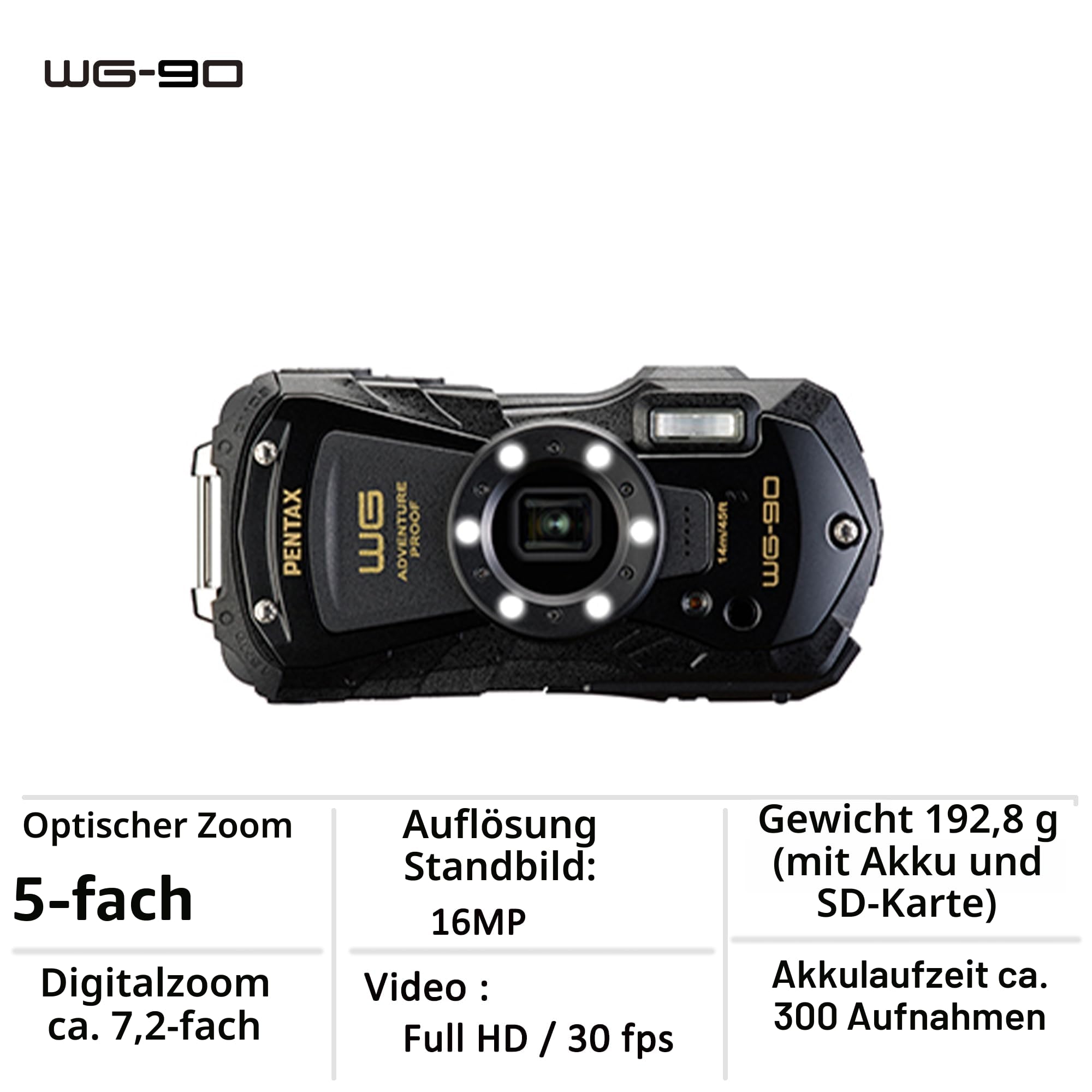 PENTAX WG-90 (Schwarz) - wasserdichte Digitale Kompaktkamera, entwickelt für die einfache Unterwasseraufnahmen bis zu Einer Tiefe von 14 Metern