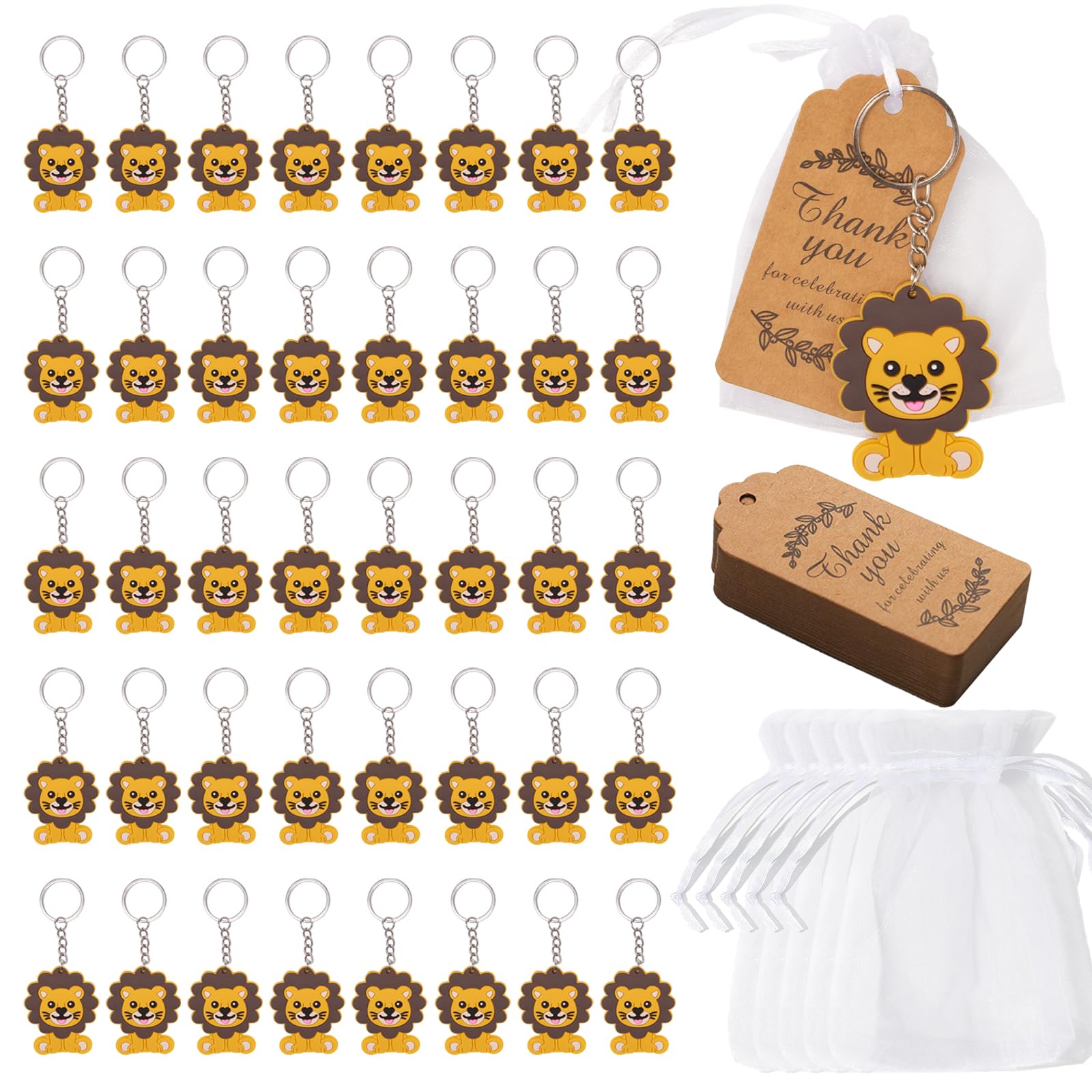 30 Pezzi Portachiavi Baby Shower Portachiavi Leone con Sacchetti Regalo in Organza,Carta Kraft Etichette Portachiavis Babys Shower Regalo Gli Ospiti per Baby Shower,Matrimonio Souvenir