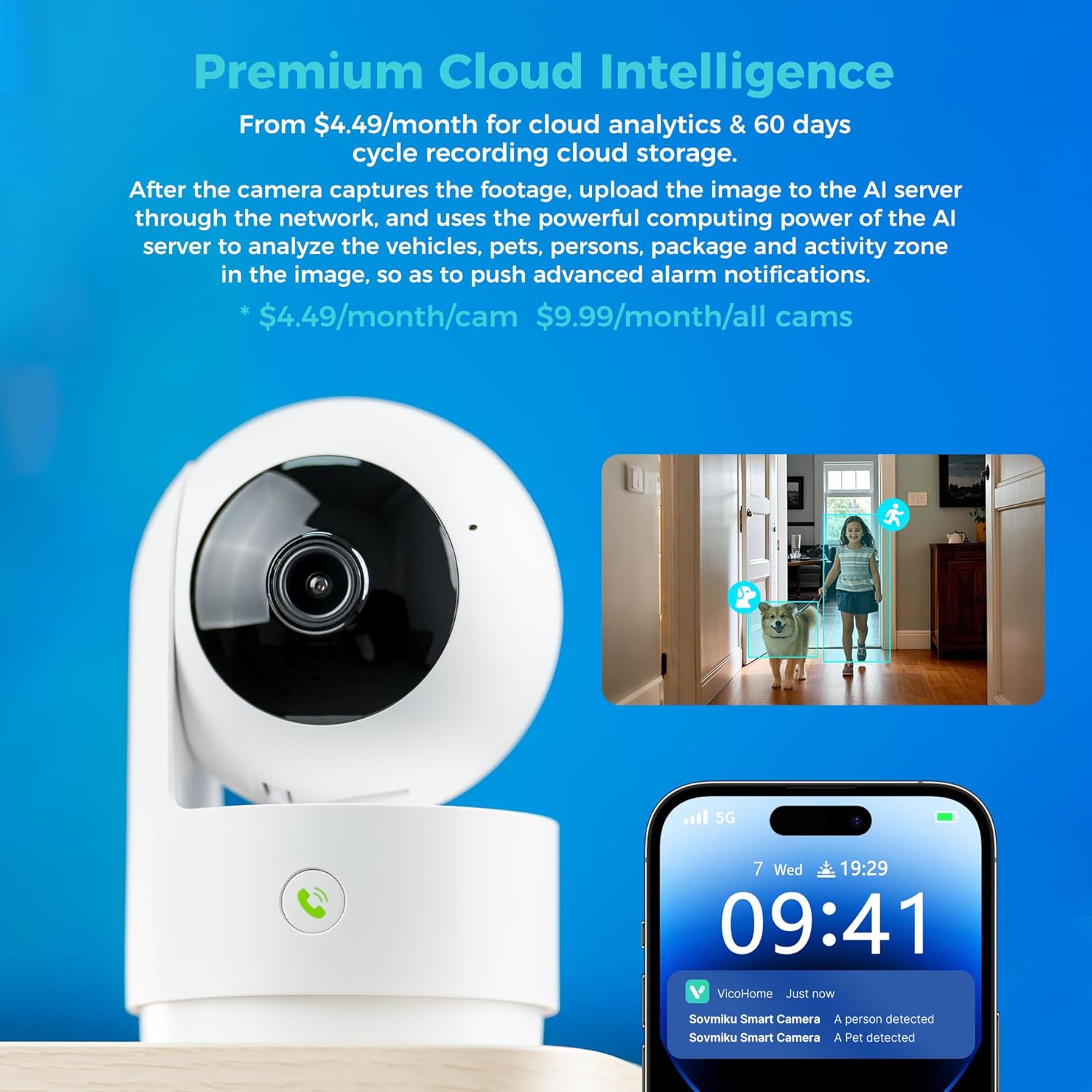 A hand pressing the SOS button on the Vicohome camera, and a smartwatch displaying an incoming call from Vicohome