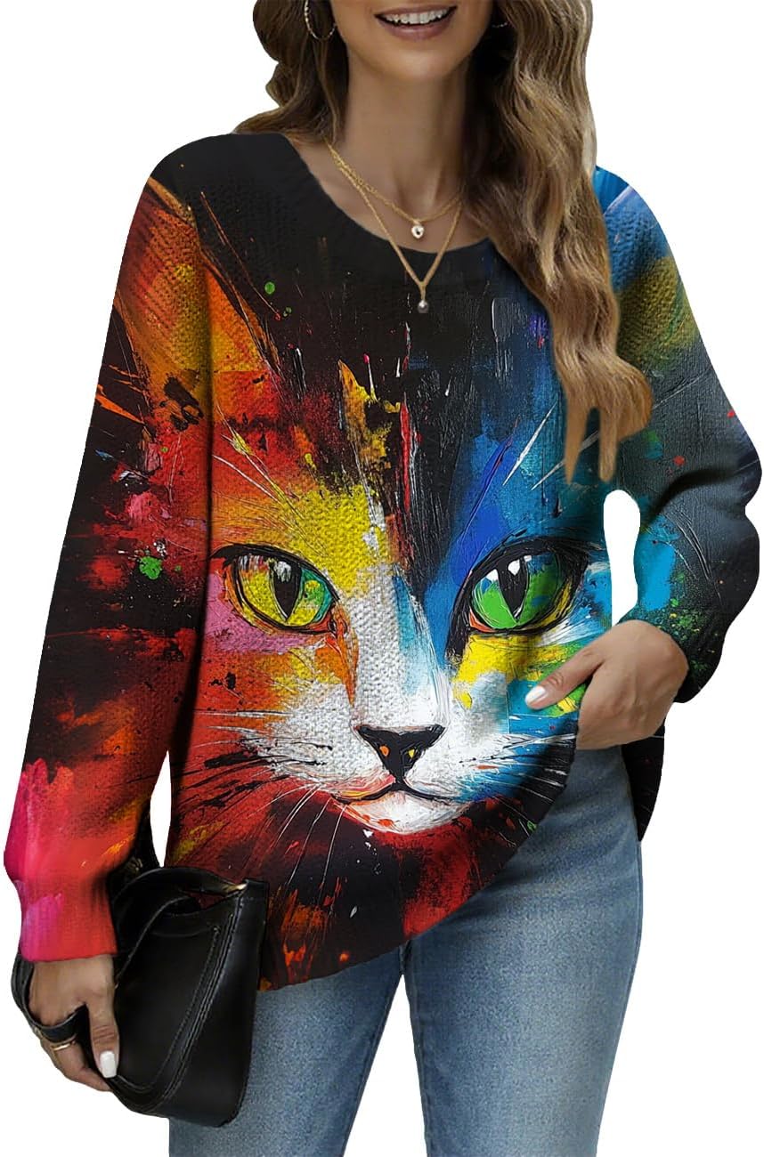 Women's Cats Sweater Animal Printed Oversized Casual Loose Knit Tops Christmas Long Sleeve Funny Clothes Winter Fall