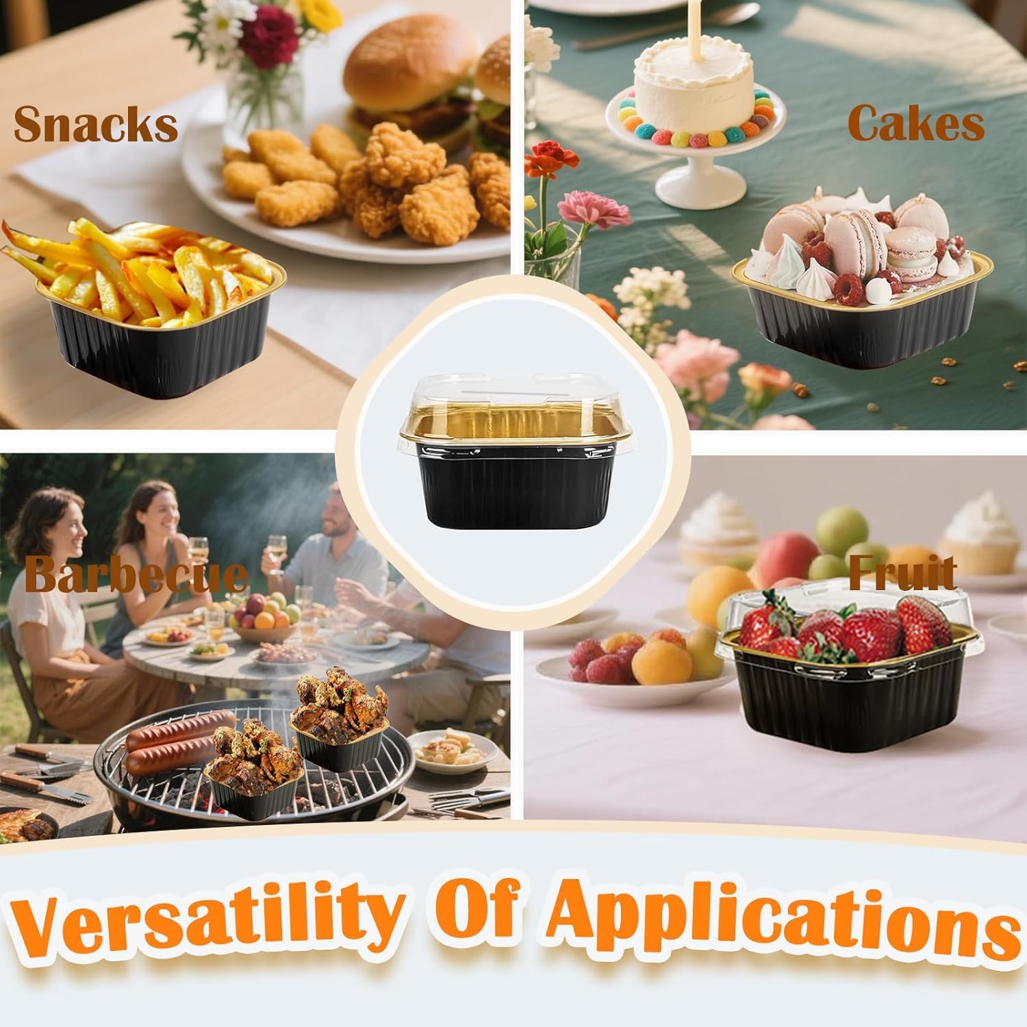 50 Pack 8"x8" Aluminum Pans with Plastic Lids,Disposable Tin Foil Pan For Cooking Baking Cakes Breads Square Food Containers for Heating Roasting Preping Storing,Blackgold