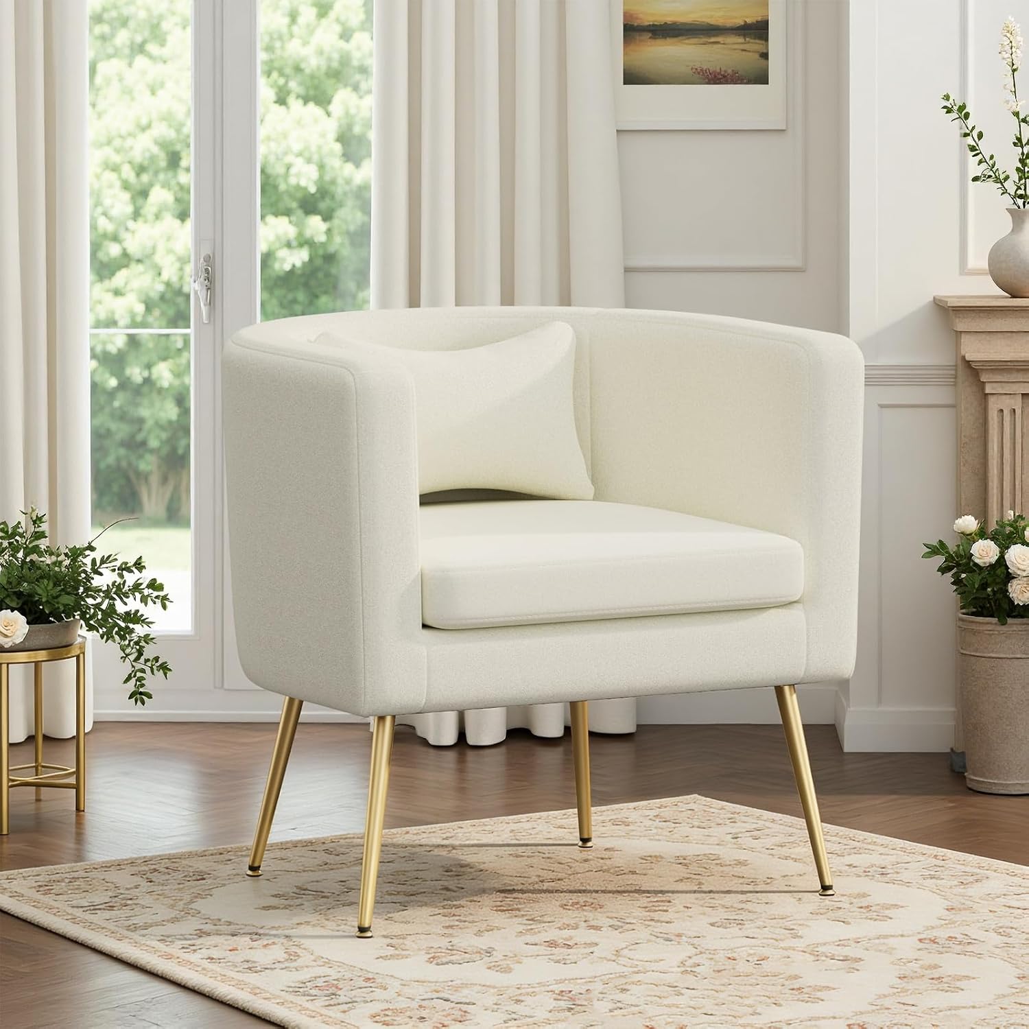 Velvet Modern Accent Chair, Upholstered Barrel Armchair Mid Century with Pillow for Living Room, Comfy Accent Chair with Metal Gold Legs for Bedroom, Office, Reception, Beige