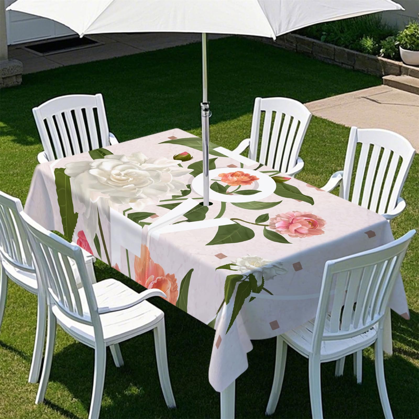 Highdi Rectangle Tablecloth with Parasol Hole, Outdoor Garden Tablecloth with Umbrella Hole Waterproof Non-Slip Tablecloth with Zipper Protector (213x152cm,Spring Flower 8)