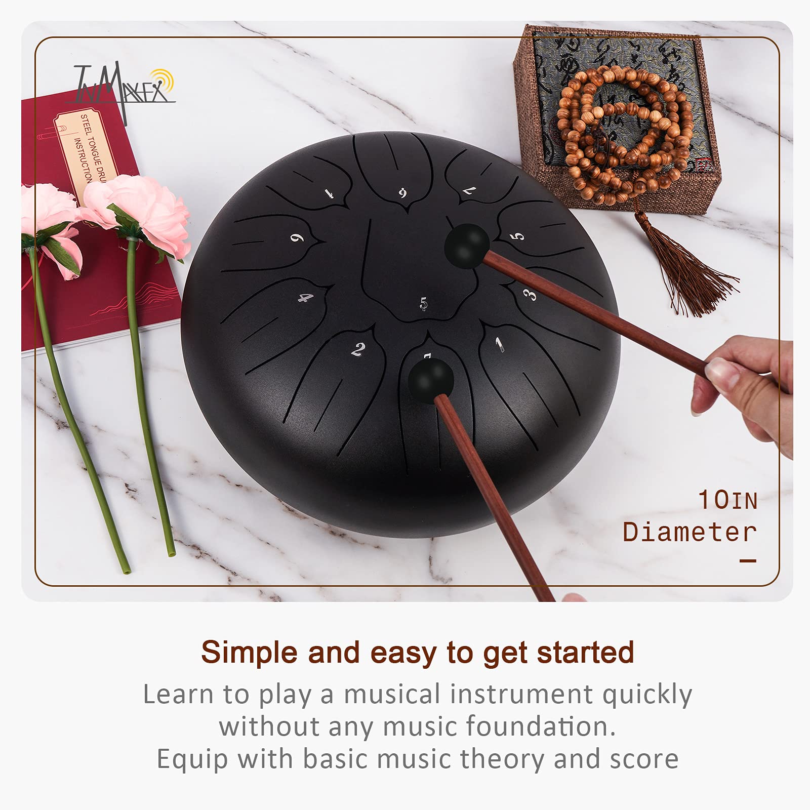 INMAKER Tongue Drum，Tambour à Main 11 Tons 10 Pouces Instrument à Percussion en Acier Avec Livre de Musique pour Éducation Musicale, Yoga, Méditation.