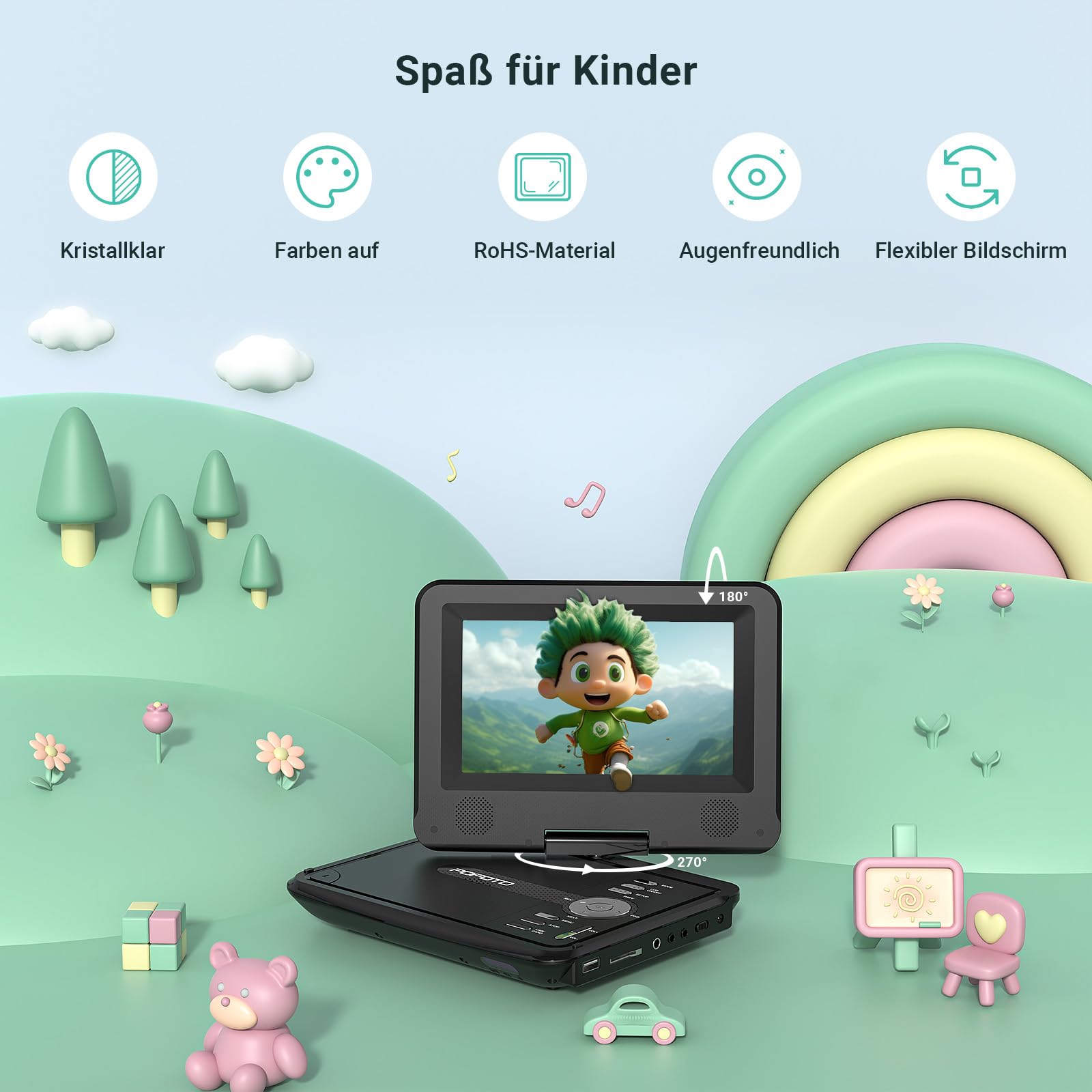 POFOTO 9.5" tragbarer DVD-Player für Kinder und Auto mit 7,5 Zoll schwenkbarem Bildschirm, 4–6 Stunden Betriebszeit, Auto-DVD-Player mit Zwei Lautsprechern, Fernbedienung, unterstützt Sync-TV