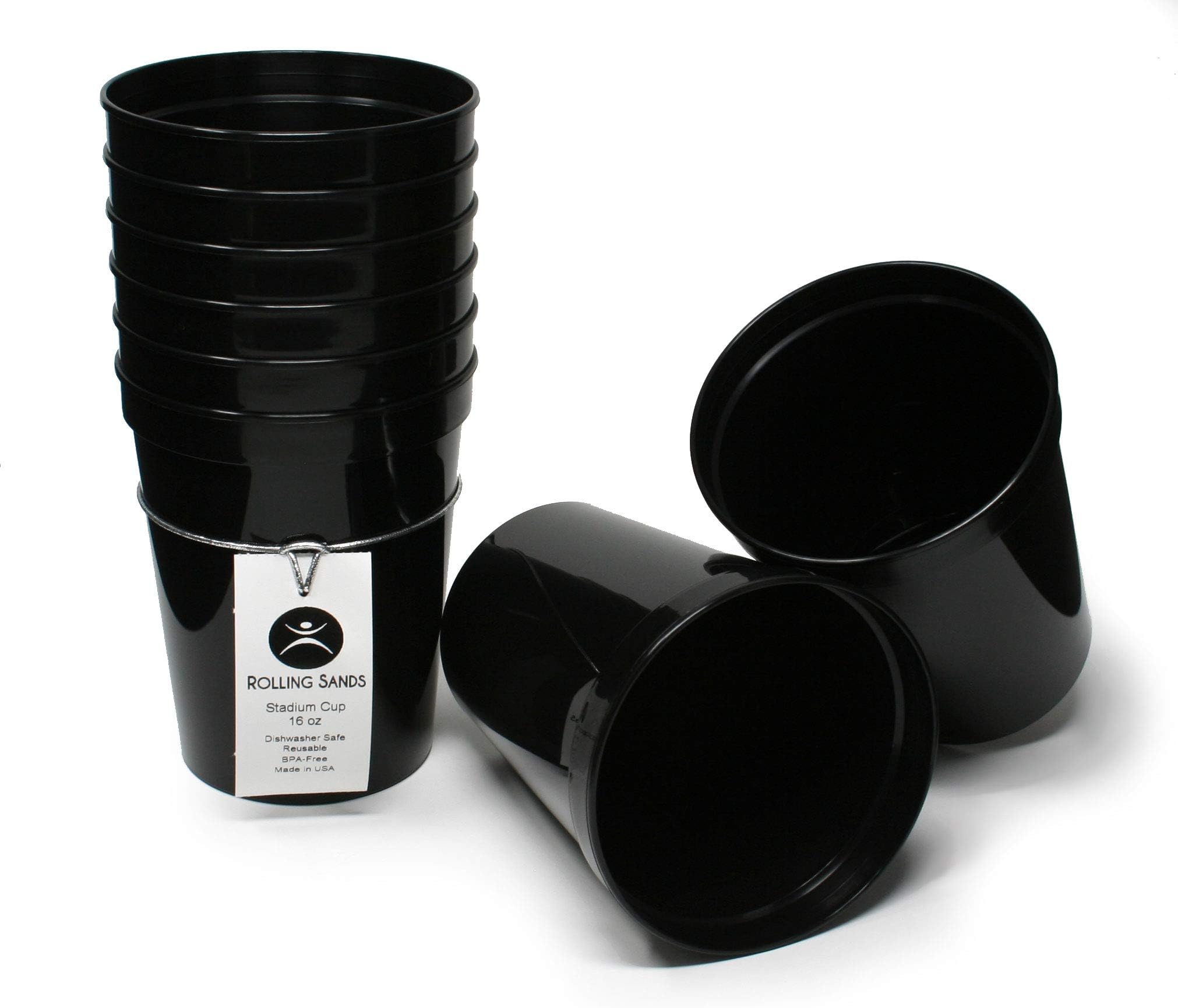 16 oz. Reusable Plastic Stadium Cups, 8 Pack, Made in USA, BPA-Free Dishwasher Safe Tumblers, Black