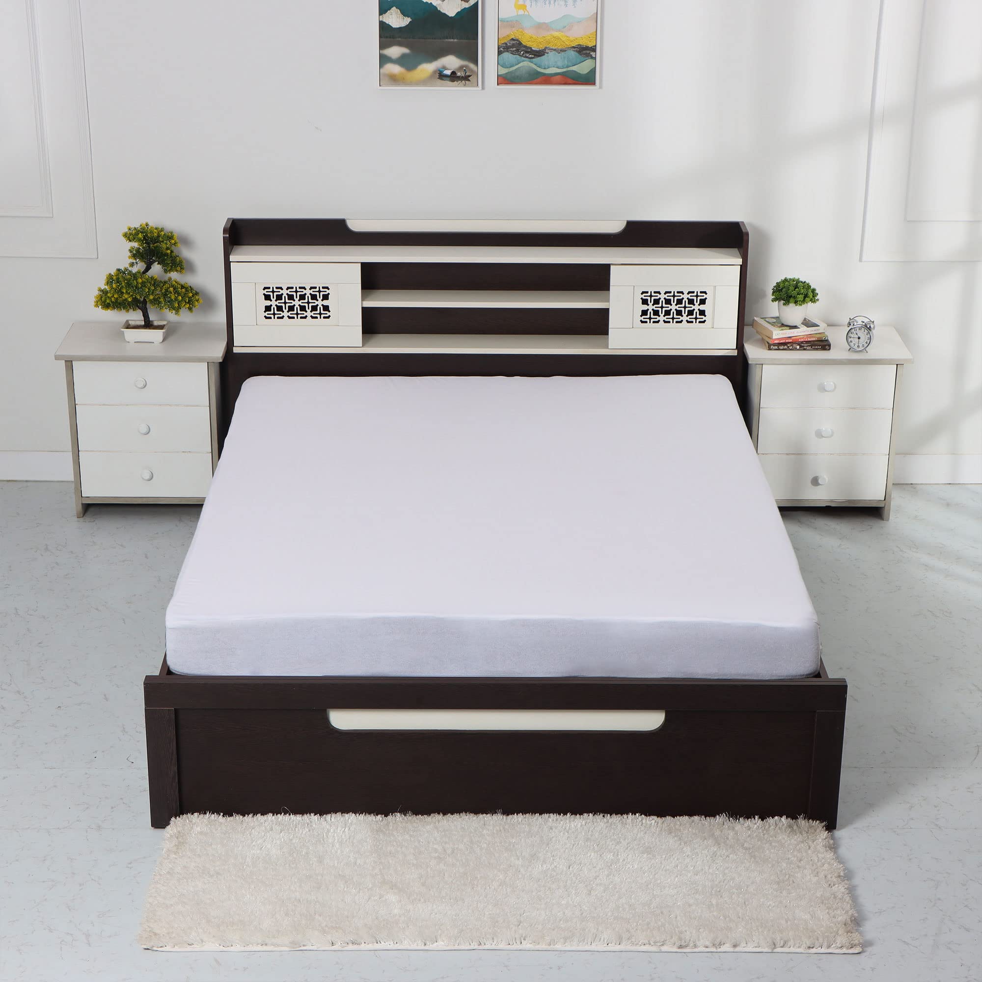 cozyland Water Proof Terry Cotton King Bed Mattress Protector - 78" x 78", Fitted - White-image-45
