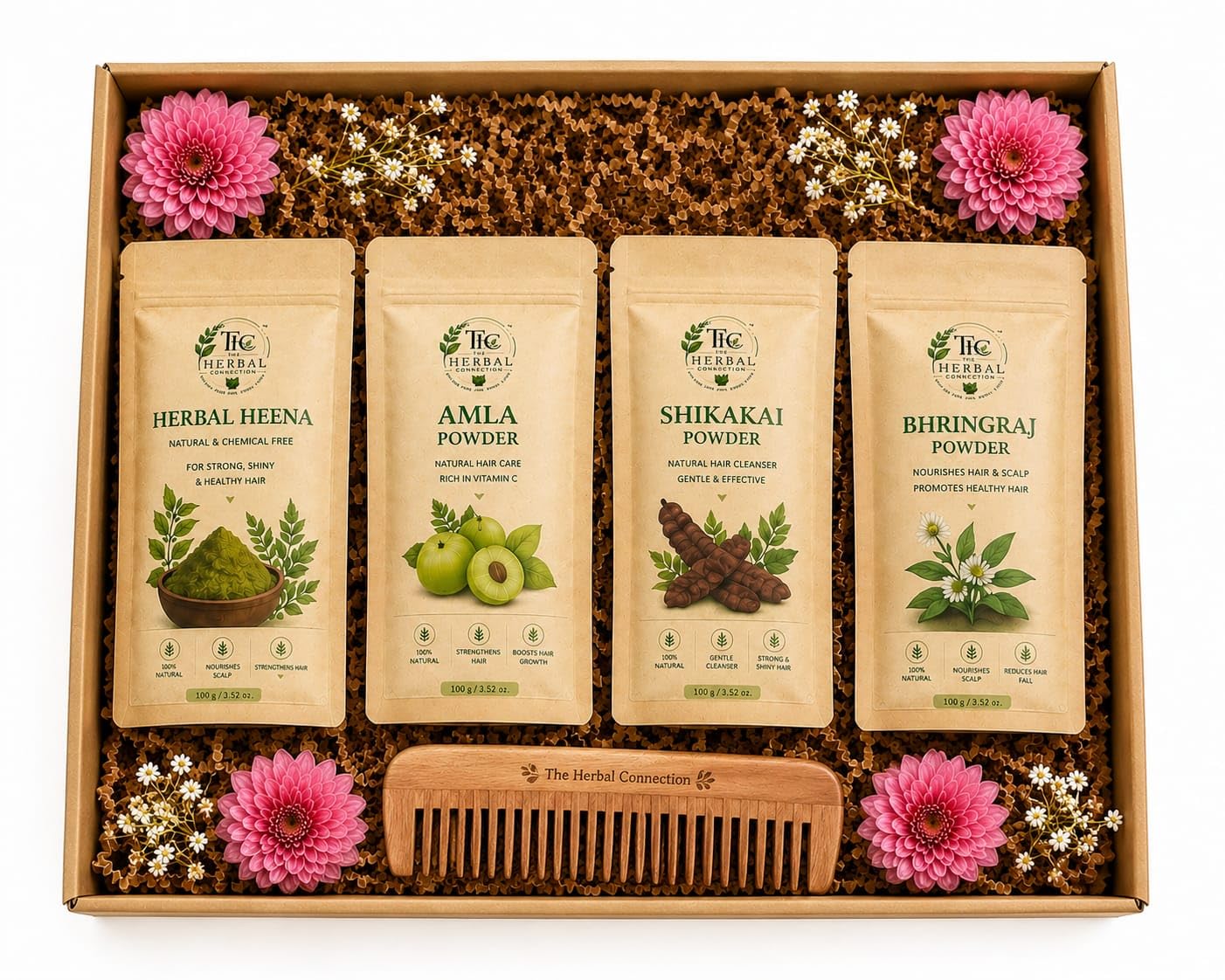 Natural Hair Care Gift Hamper with Herbal Henna Amla Shikakai Bhringraj Powder and Wooden Comb | Hair Care Kit for Men & Women | Natural Hair Care Gift Set-image-45