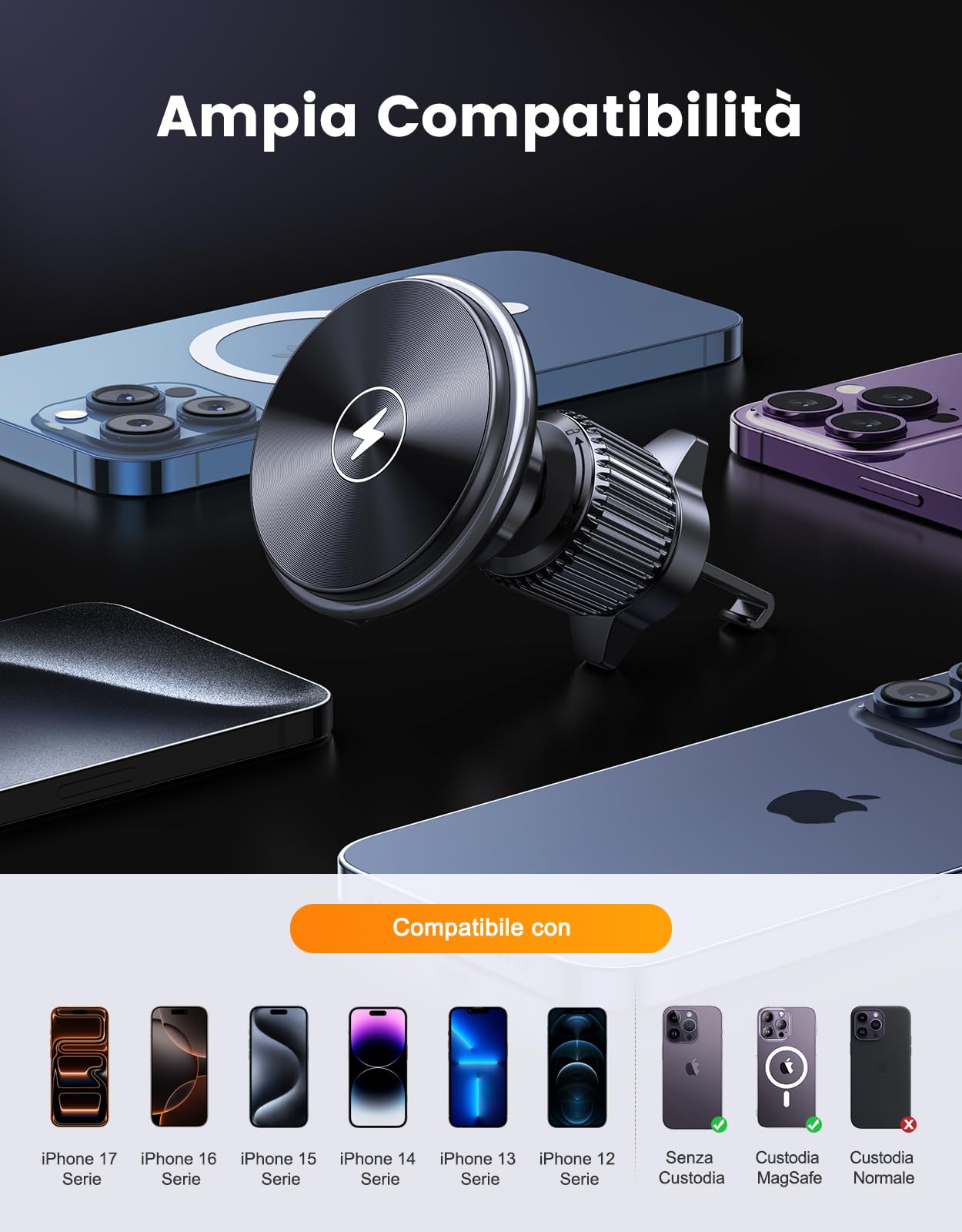 EOIWUY Caricatore Wireless Auto Compatibile con MagSafe, 15W Rapida Caricabatterie Porta Cellulare Auto Magnetico Bocchette Aria, Ricarica Wireless Auto Compatibile con iPhone Serie 17/16/15/14
