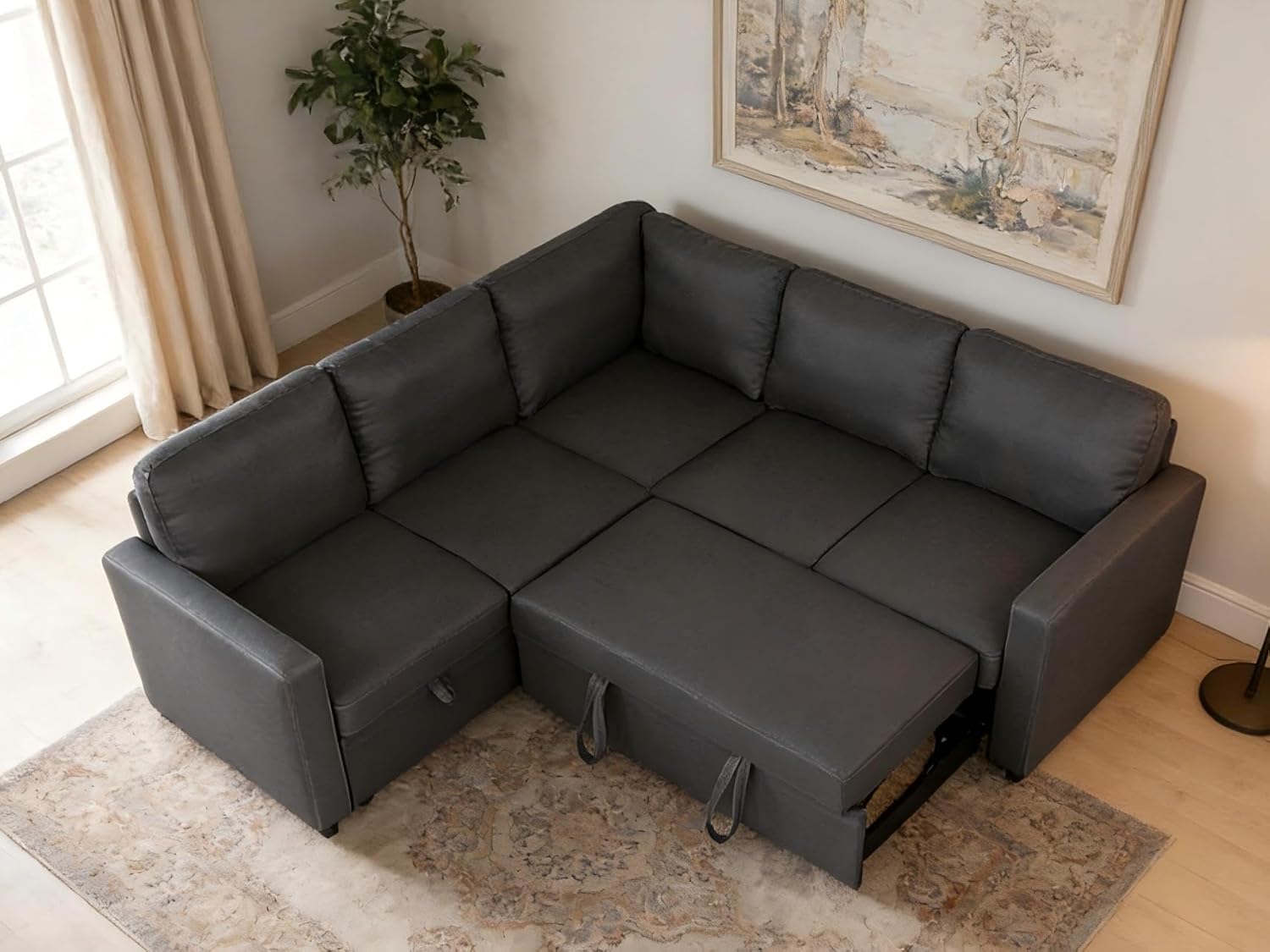 Sectional Sleeper Sofa with Pull Out Bed, L Shaped Pull Out Couch with Storage Chaise, 5 Seats Convertible Couch Bed for Apartment, Living Room, Dark Gray