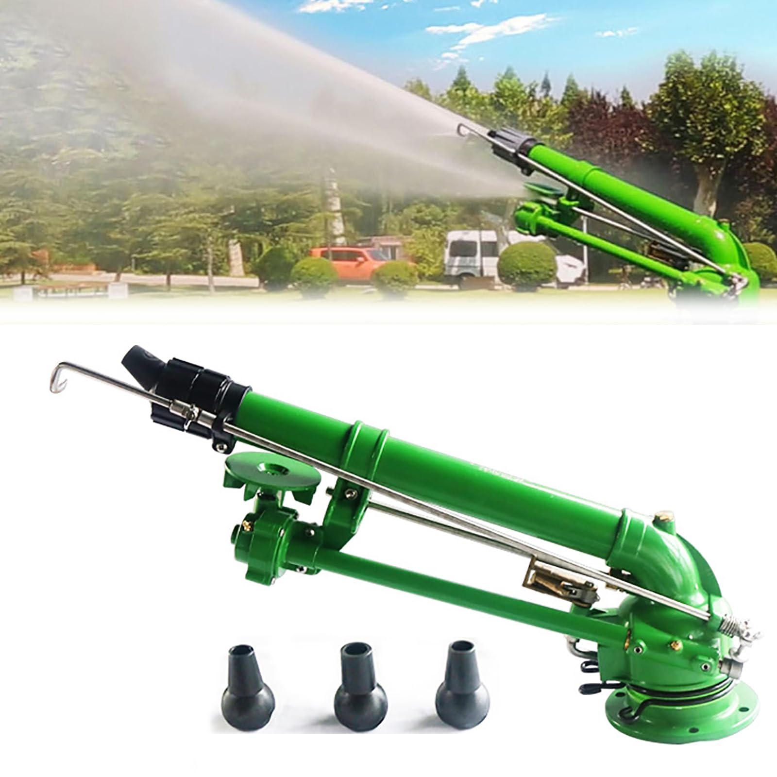Wytrzymały metalowy pistolet do zraszania impulsowego z 3 wymiennymi dyszami, zasięg 40-100 m, regulowany 4-8 bar, do trawnika, ogrodu na zewnątrz