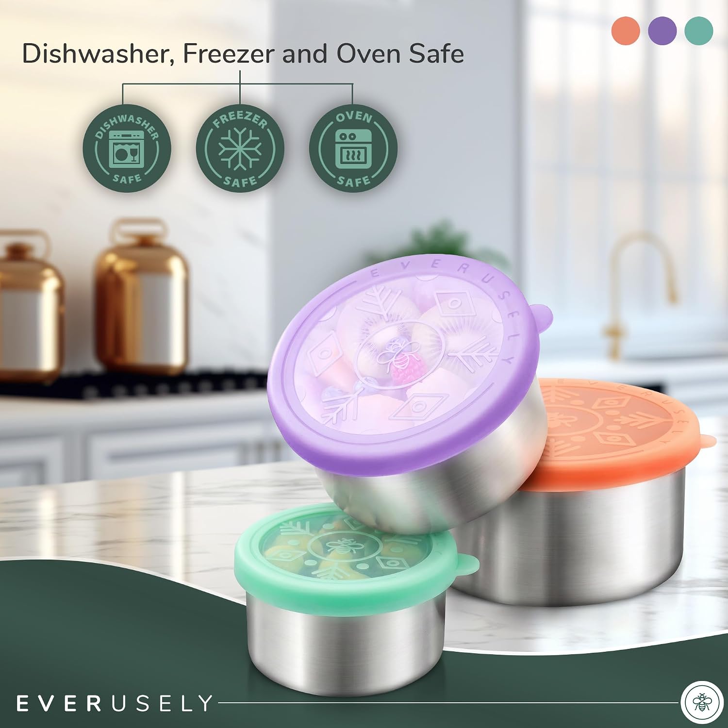 Stainless Steel Snack Containers, 3 Pack, Sorbet, Leakproof Silicone Lids