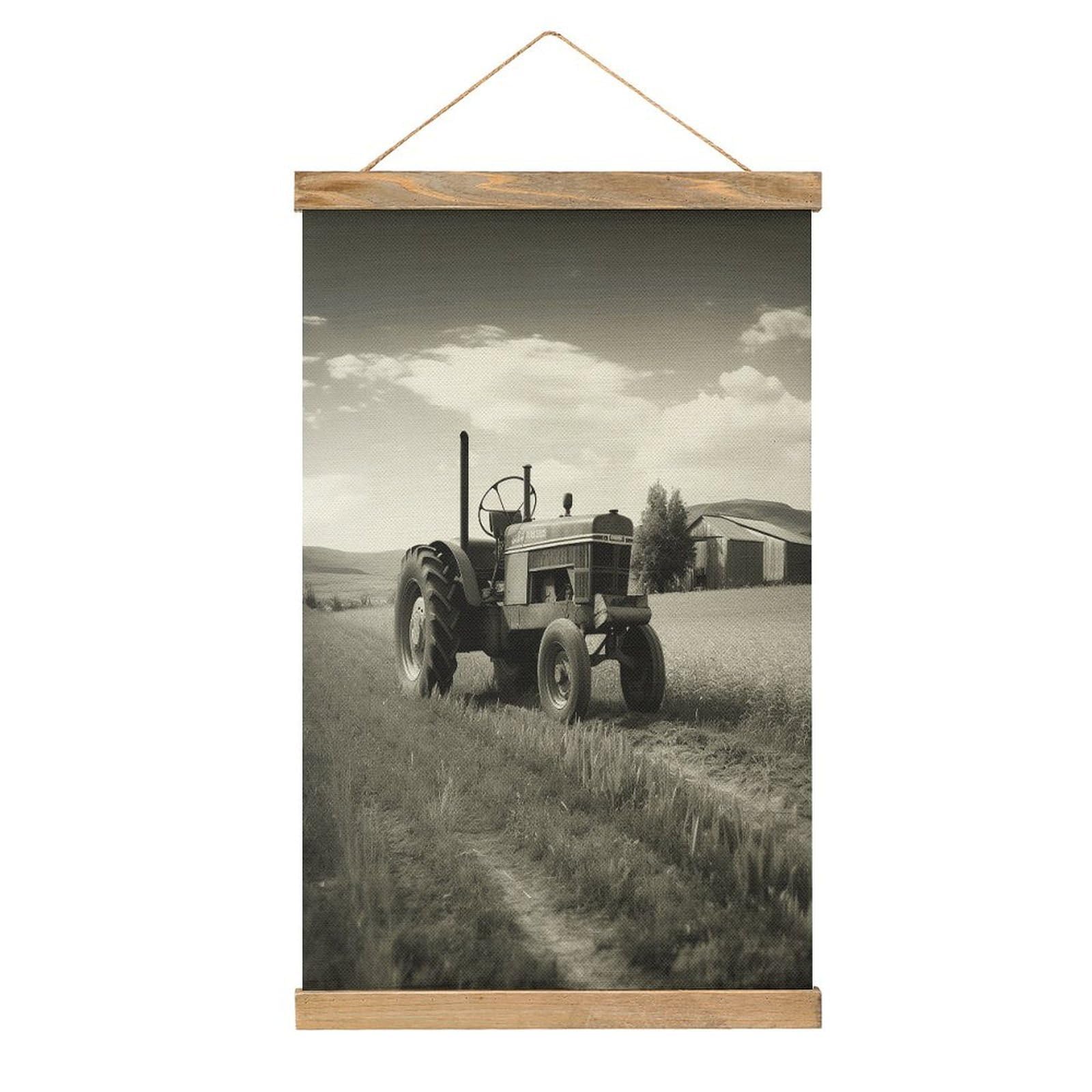 VstaDank Tractor Agriculture Tranquil Hanging Poster with Wooden Frame Modern Linen Hanging Painting Retro Style Wall Decor Art Painting for Living Room,Bedroom Decor Poster Frame 20.4x13.1inch