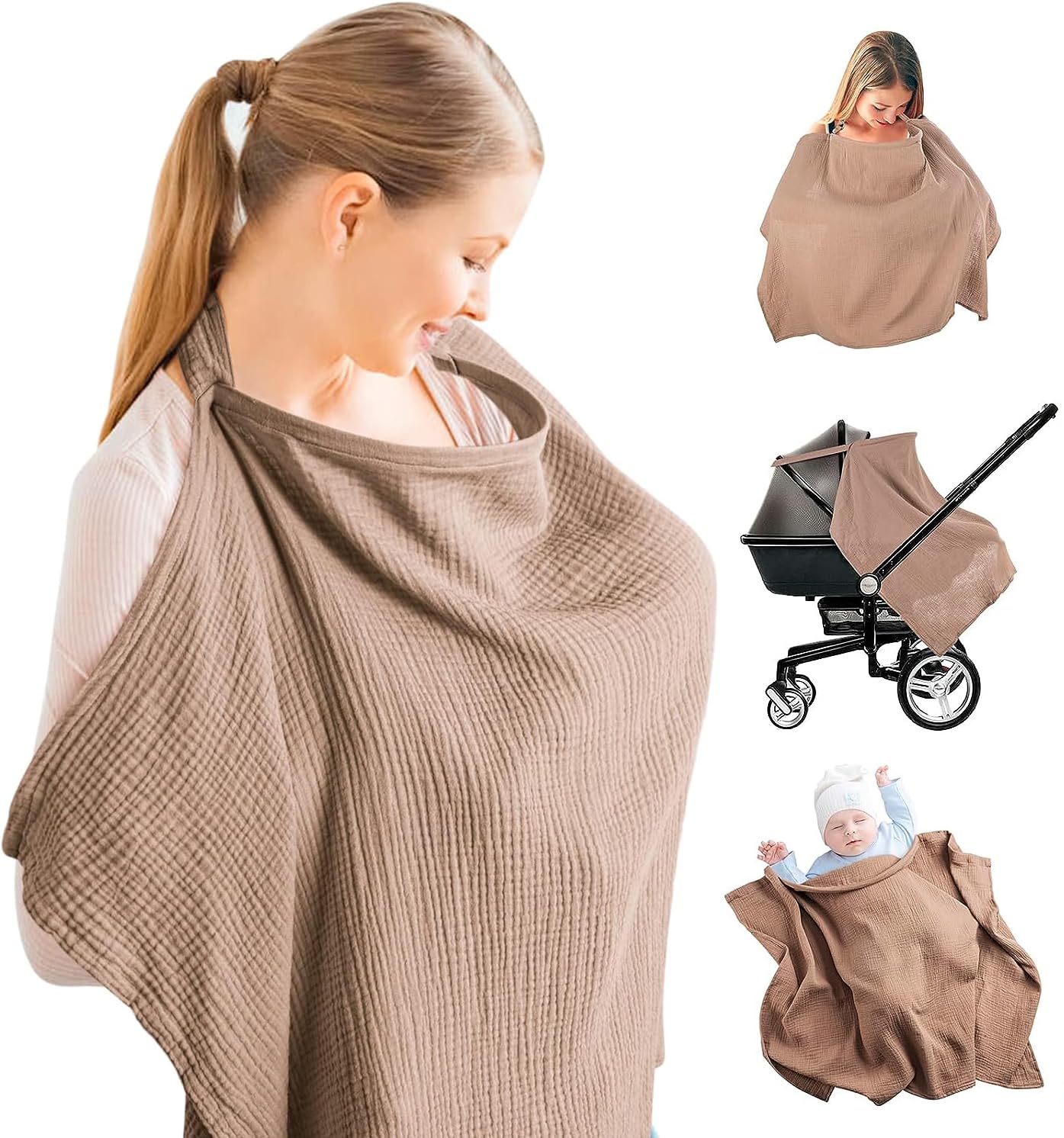 VELEGO Muslin Nursing Cover for Breastfeeding, Soft Cotton Breastfeeding Cover with Rigid Hoop for Baby, Multi-use Adjustable Nursing Apron Cover | Carseat Cover (Brown)