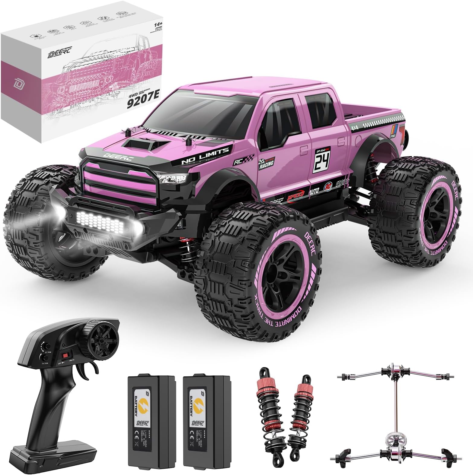 DEERC 1:10 Fast RC Cars for Adults, 4X4 Hobby Remote Control Monster Truck, 48+KM/H, All Terrain High Speed Pink RC Truck Crawler with 2 Modular Batteries, Toy Vehicle Gift for Kids