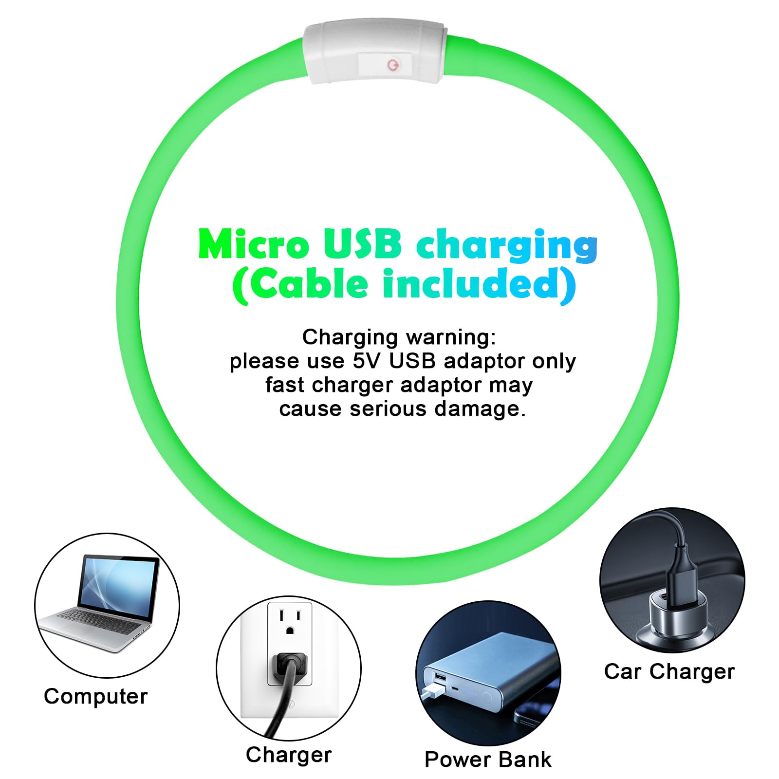 AUAUY Collare Luminoso per Cani, Collare per Animali Domestico LED Ricaricabile USB, Collare di Lunghezza Regolabile con 4 Modalità Luminose per Cani di Taglia Piccola Media Grande - Verde