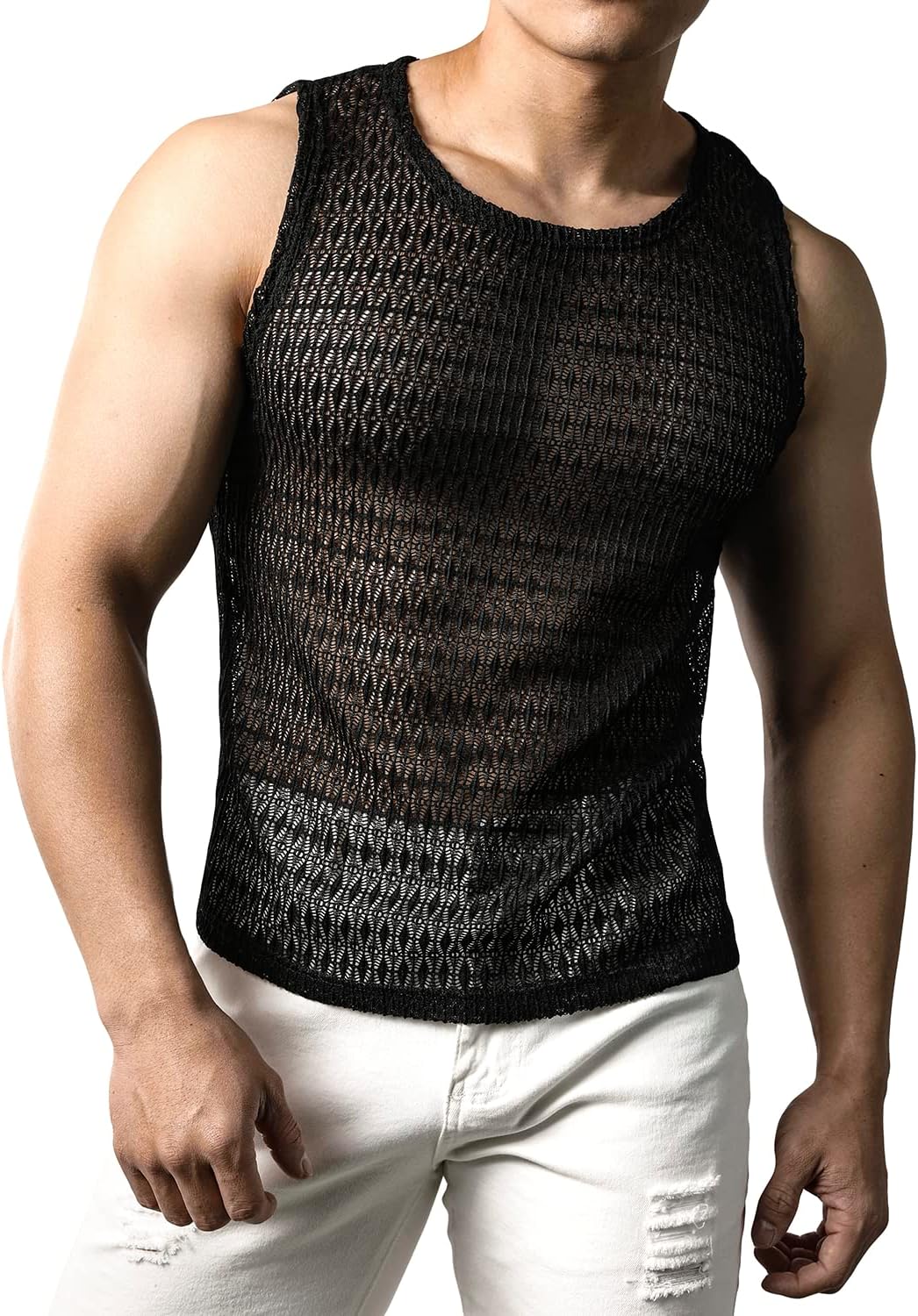 JOGAL Mens See Through Lace Shirts Sleeveless Muscle Tops - Image 3