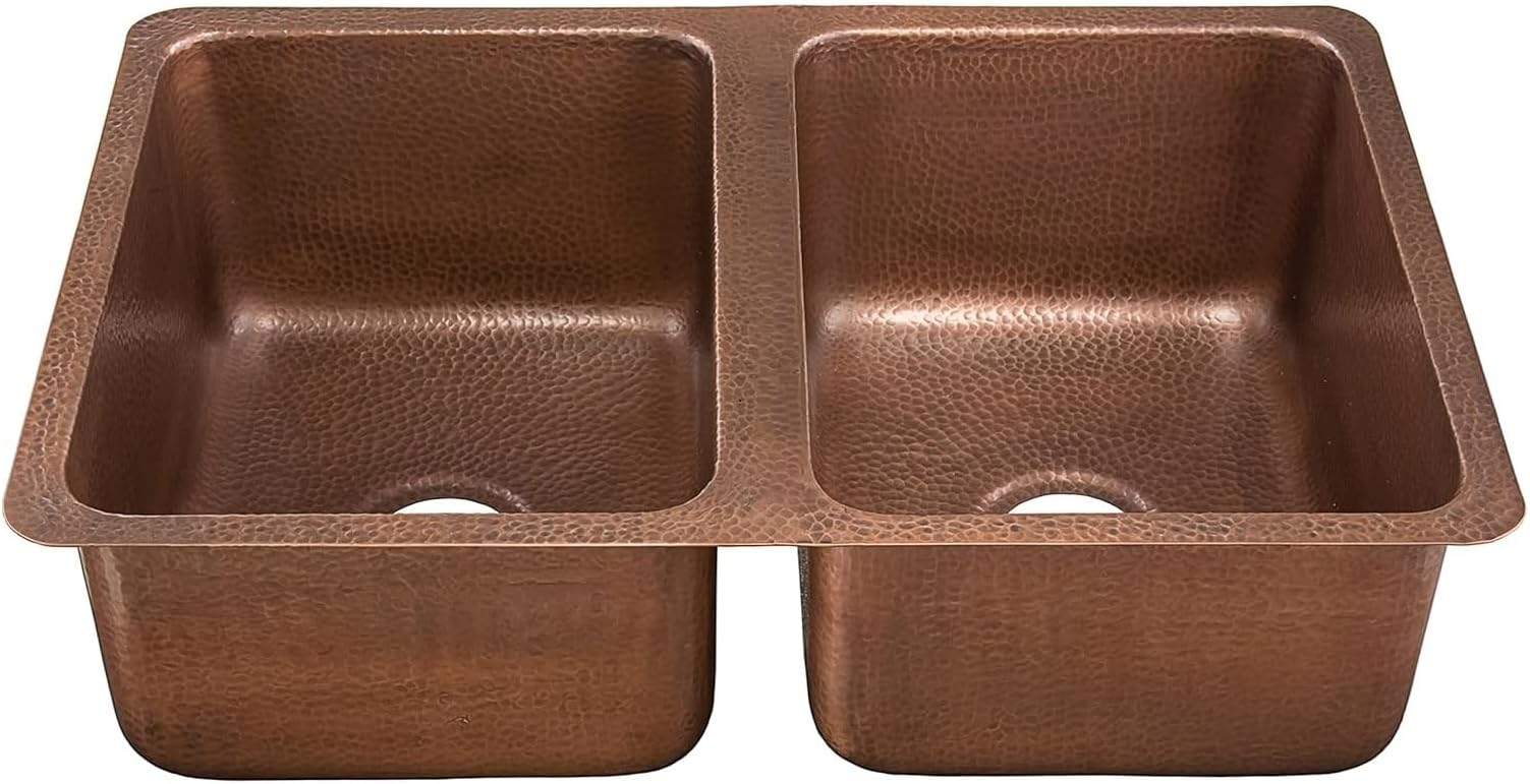 Thompson Traders - Villa Kitchen Undermount/Drop-In Double Bowl Copper Sink, 31 x 20 in, Hammered Antique Copper