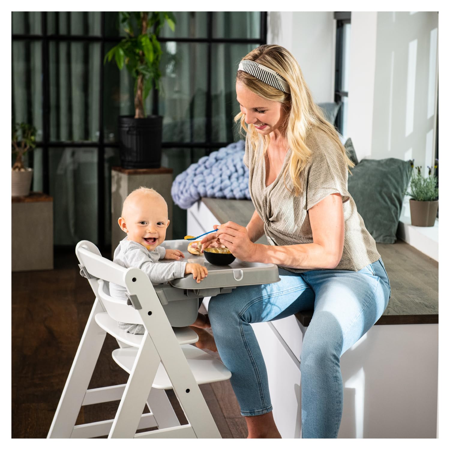 Hauck Alpha Tray Grau 3in1 Essbrett Kompatibel mit Alpha+ Beta+ Holzhochstuhl für Kinder 6-24 Monaten mit Sitzverkleinerer 3-Stufigem Esstisch