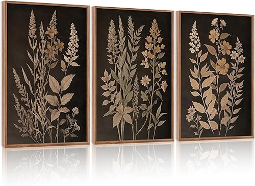 HLNIUC Vintage Botanical Fern Framed Canvas Wall Art Set,Black and Tan Plant Leaves Wall Decor,Modern Farmhouse Art Print,Neutral Minimalist Herb