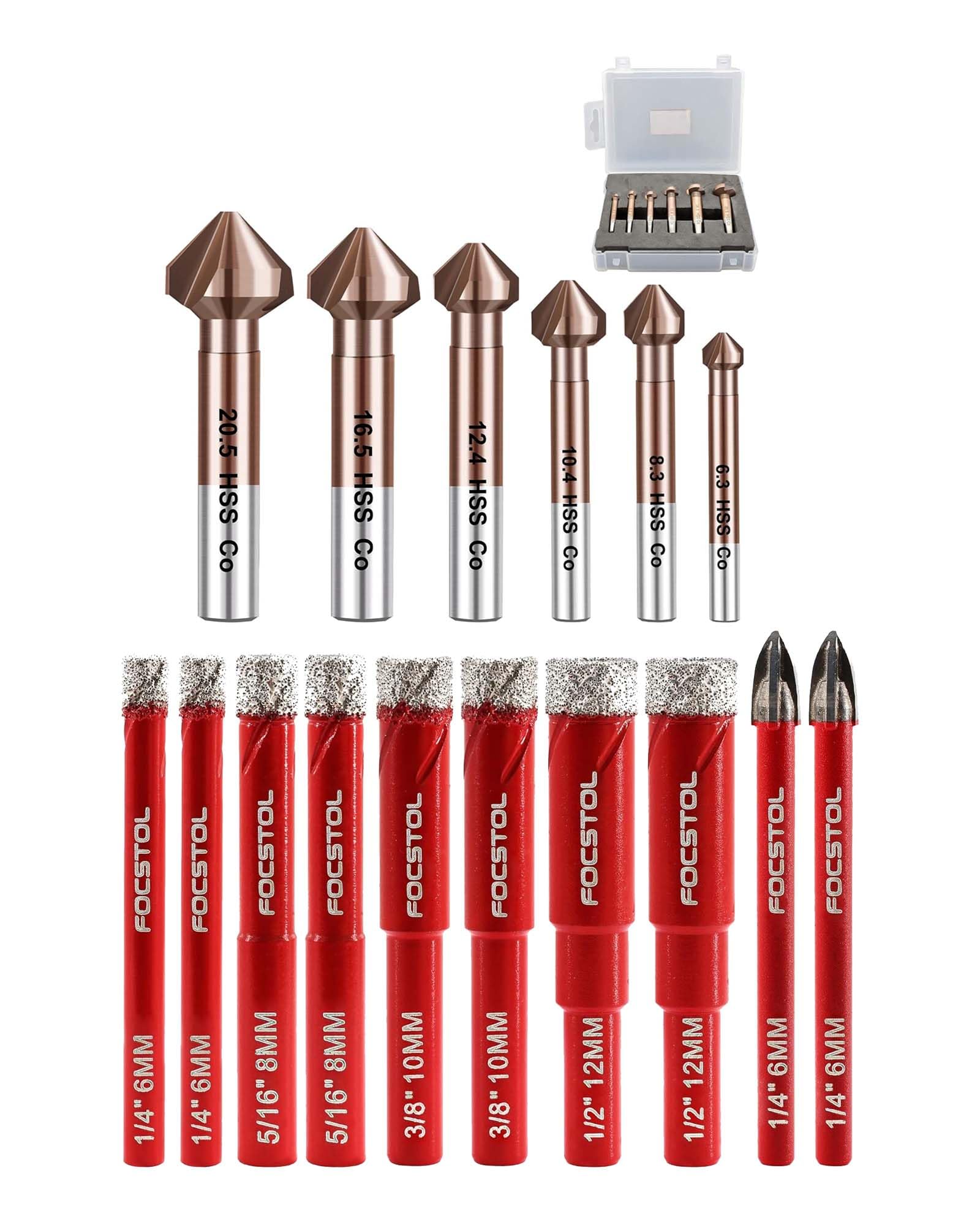 FOCSTOL Set Punte Trapano Diamantate 10 pezzi (6mm*2+8mm*2+10mm*2+12mm*2+6mm*2) e Set di Punte per Svasatura in Metallo 6 pezzi (6,3/8,3/10,4/12,4/16,5/20,5mm)