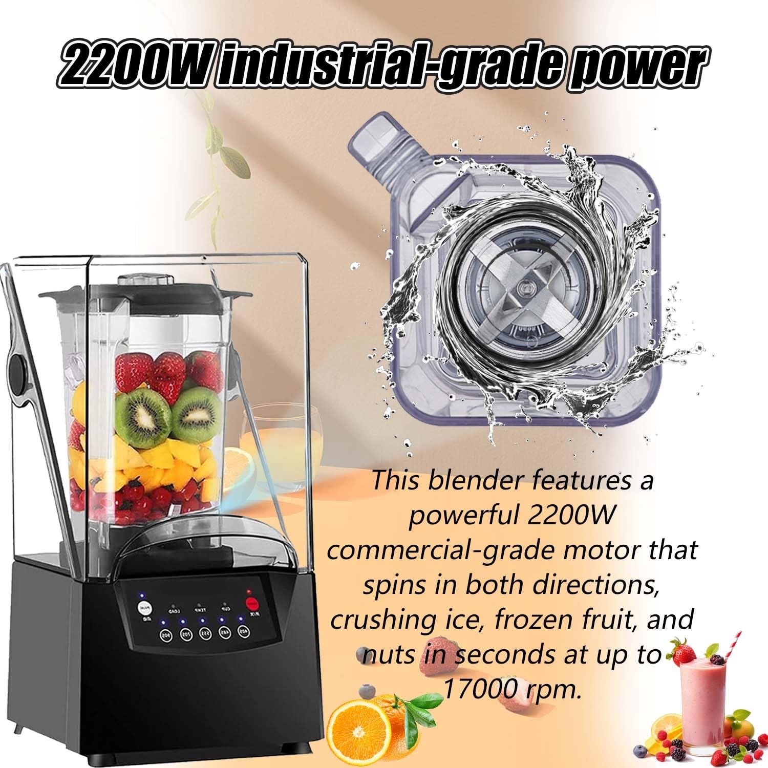 Profesjonalny blender cichy 2200W z osłoną akustyczną, 2L pojemnik PC, 6 ostrzy stalowe, smoothie maker, do koktajli, lodu, zup i użytku gastronomicznego