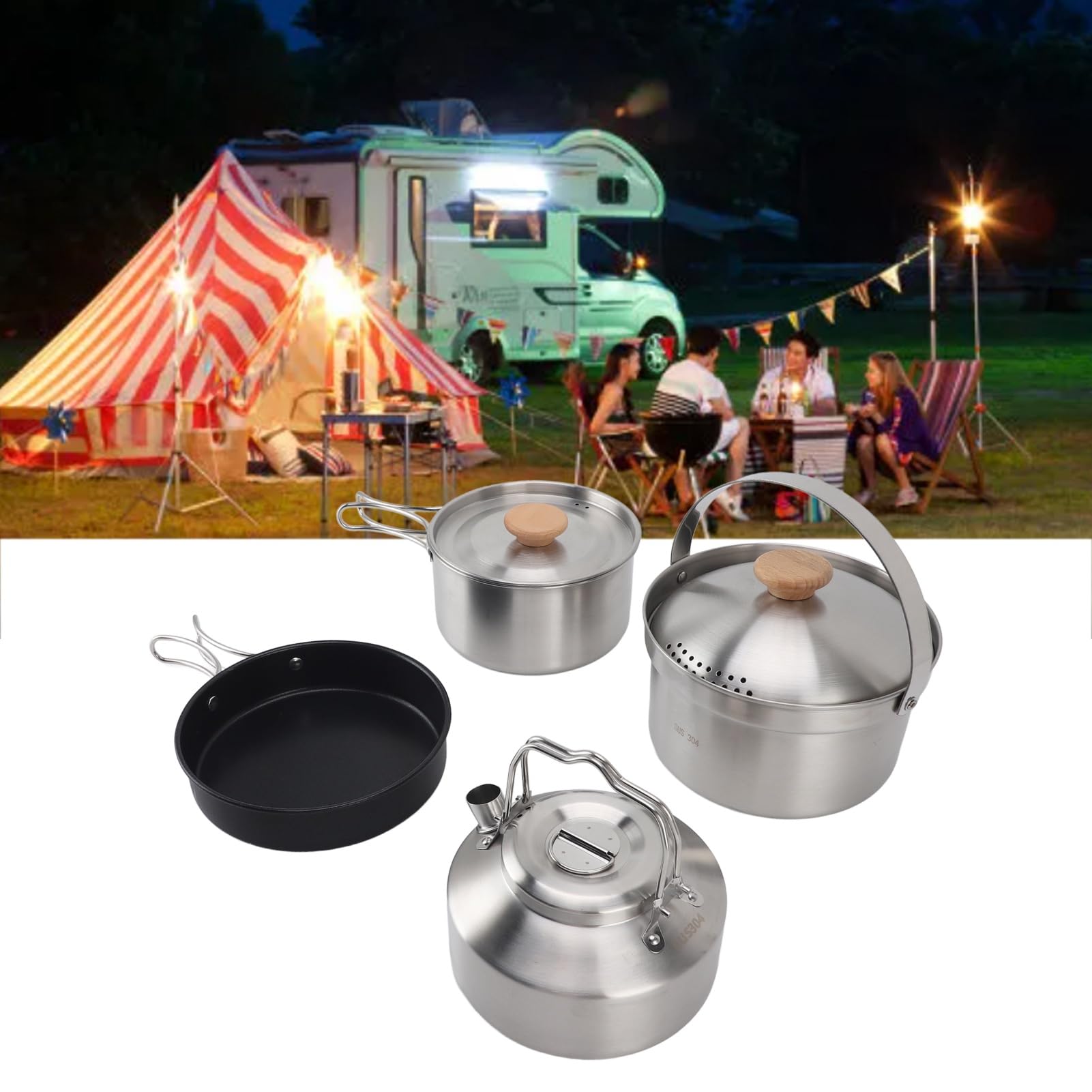FLEXMAN 6Pc Kemping Zestaw Naczyń Kuchennych, Ze Stali Nierdzewnej Zestaw Naczynia Kuchennego Portable Lekkie Garnki Kettle do Biwakowania Plecaków Na Zewnątrz Piknik Gotowania