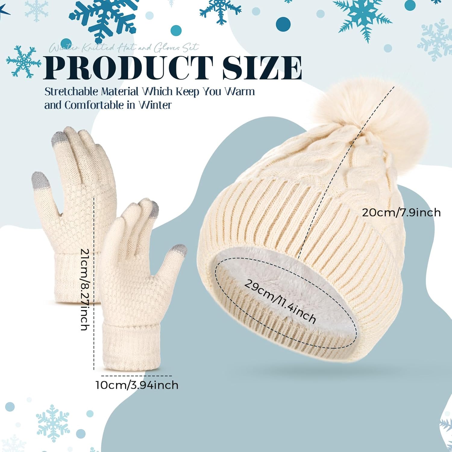 Womens Winter Fleece Lined Knitted Beanie Hat Glove Set, Warm Pom Pom Beanie Knit Cap Touchscreen Gloves for Women - Image 4