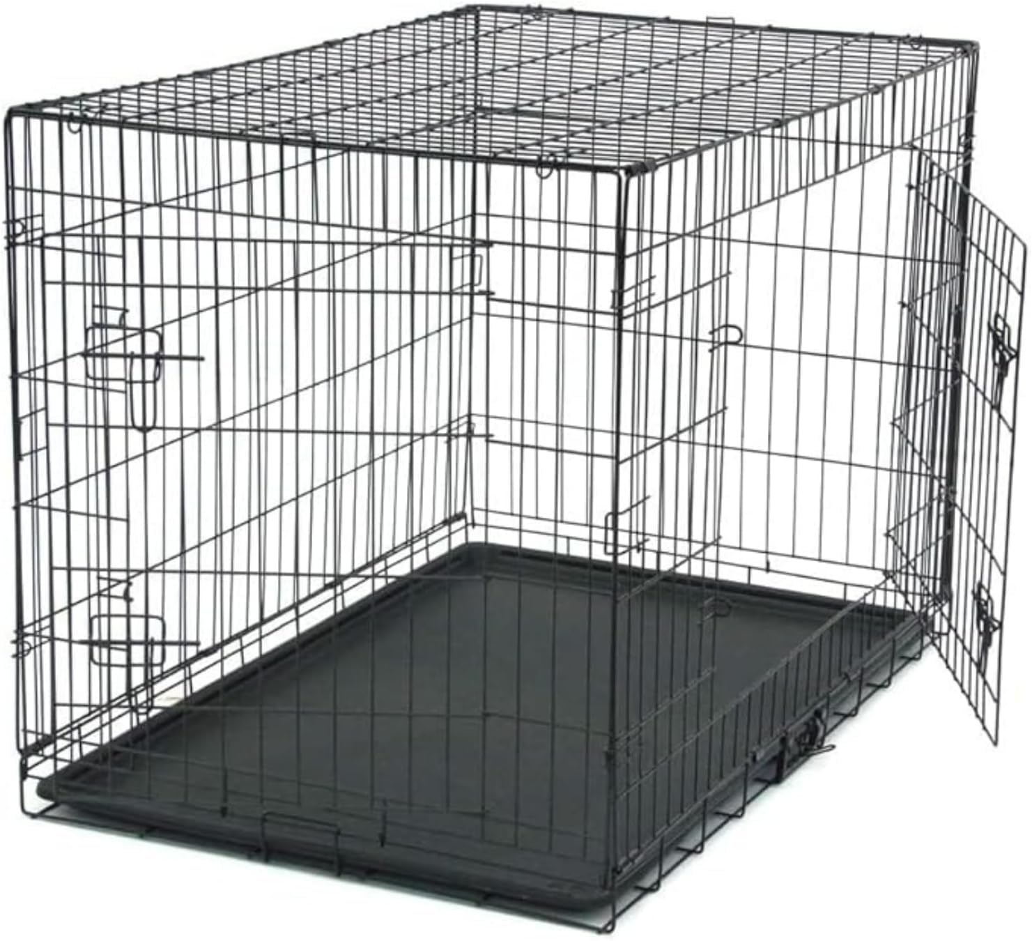 Cage pliable pour chien en fil métallique avec bac en plastique extensible, 2 portes, noire, convient pour l'intérieur et l'extérieur (XL 107 x 68 x 75 cm)