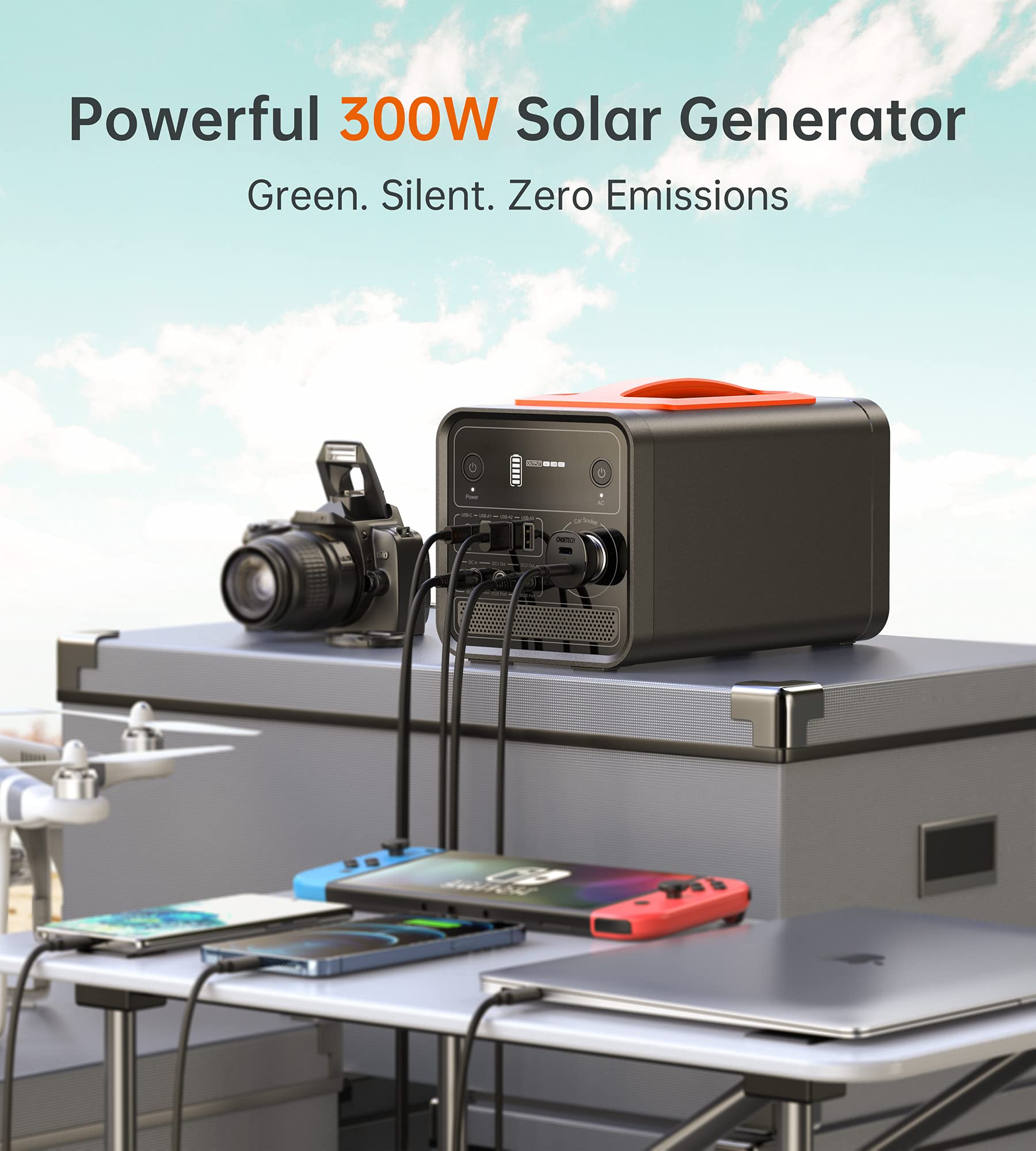 Generateur portable 300W groupe électrogène solaire incluant une batterie de secours avec prise CA/CC, prise de voiture 12V et port PD pour le camping en pleine air ou pour des urgences en extérieur