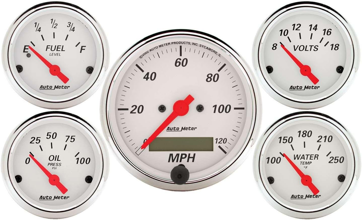 Auto Meter 1302 Arctic White 5 Gauge Kit; Speedo/Oil/Water/Volt/Fuel