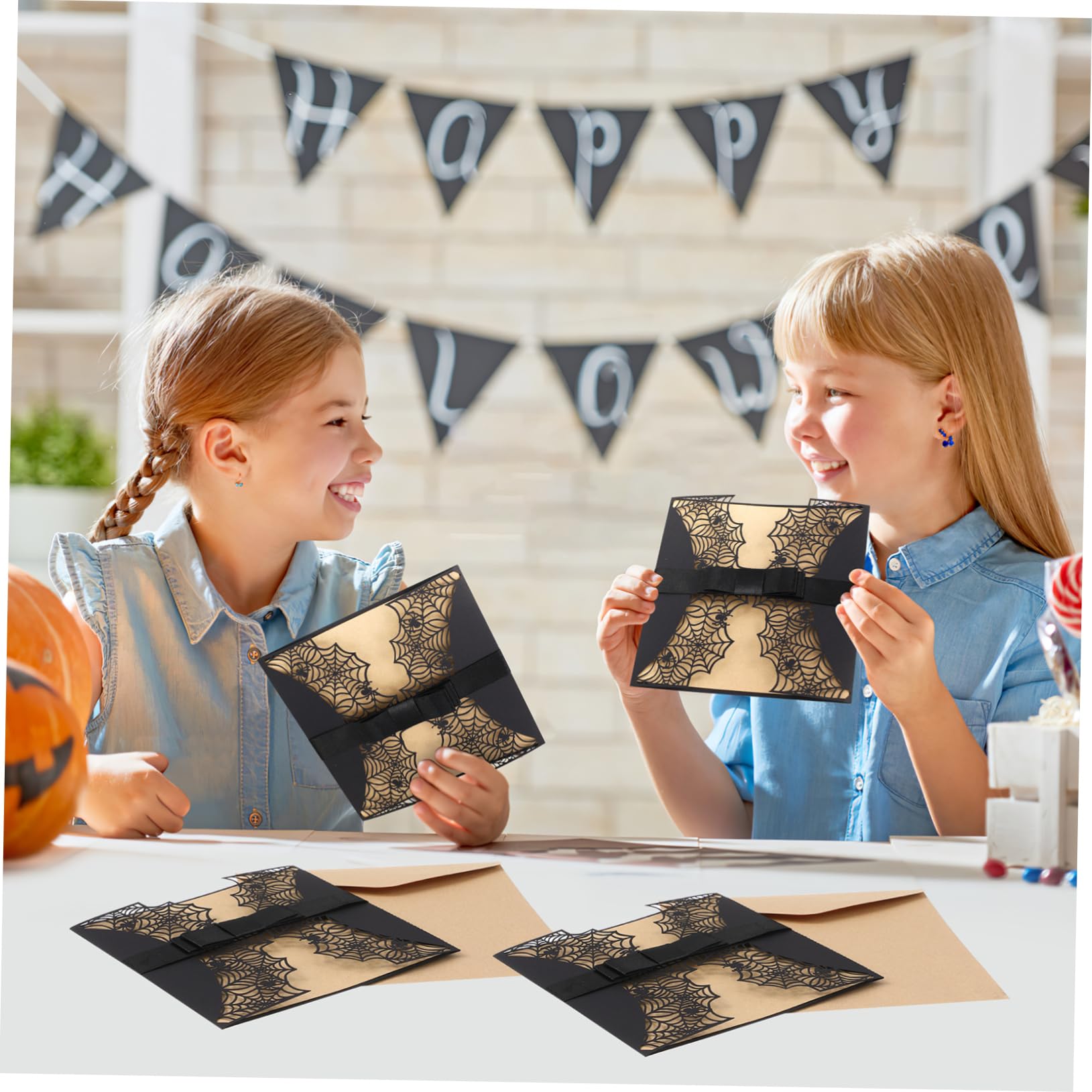 5er-set Einladungskarten Mit Muster Und Schleife Schwarze Papierumschläge Für Halloween-treffen 10 Stück * 5