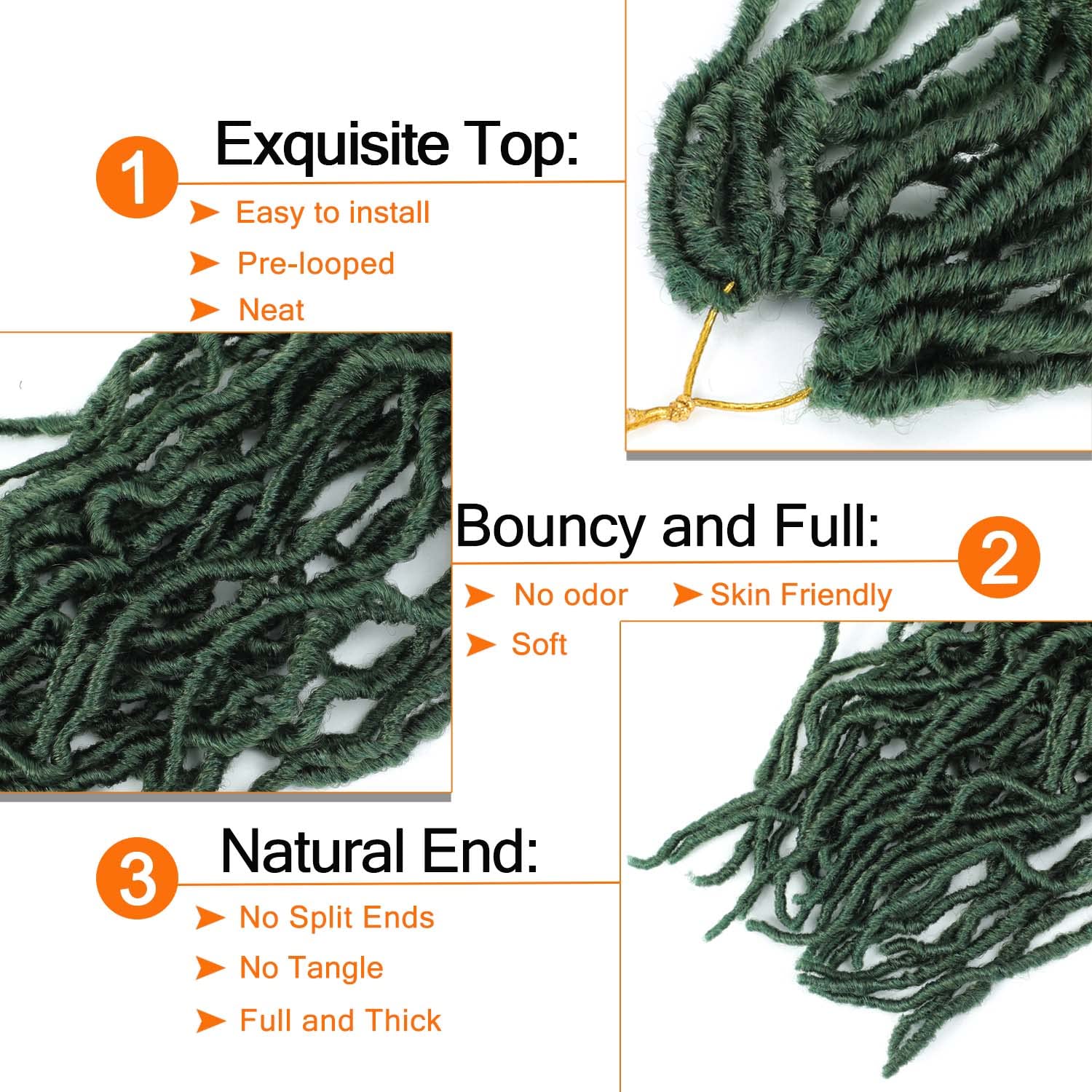 Green Soft Locs Crochet Hair 24 Inch 6 Packs, Faux Locs Pre Looped Knotless Style Natural Curly Wavy Braids, No Odor, Skin Friendly, Bouncy