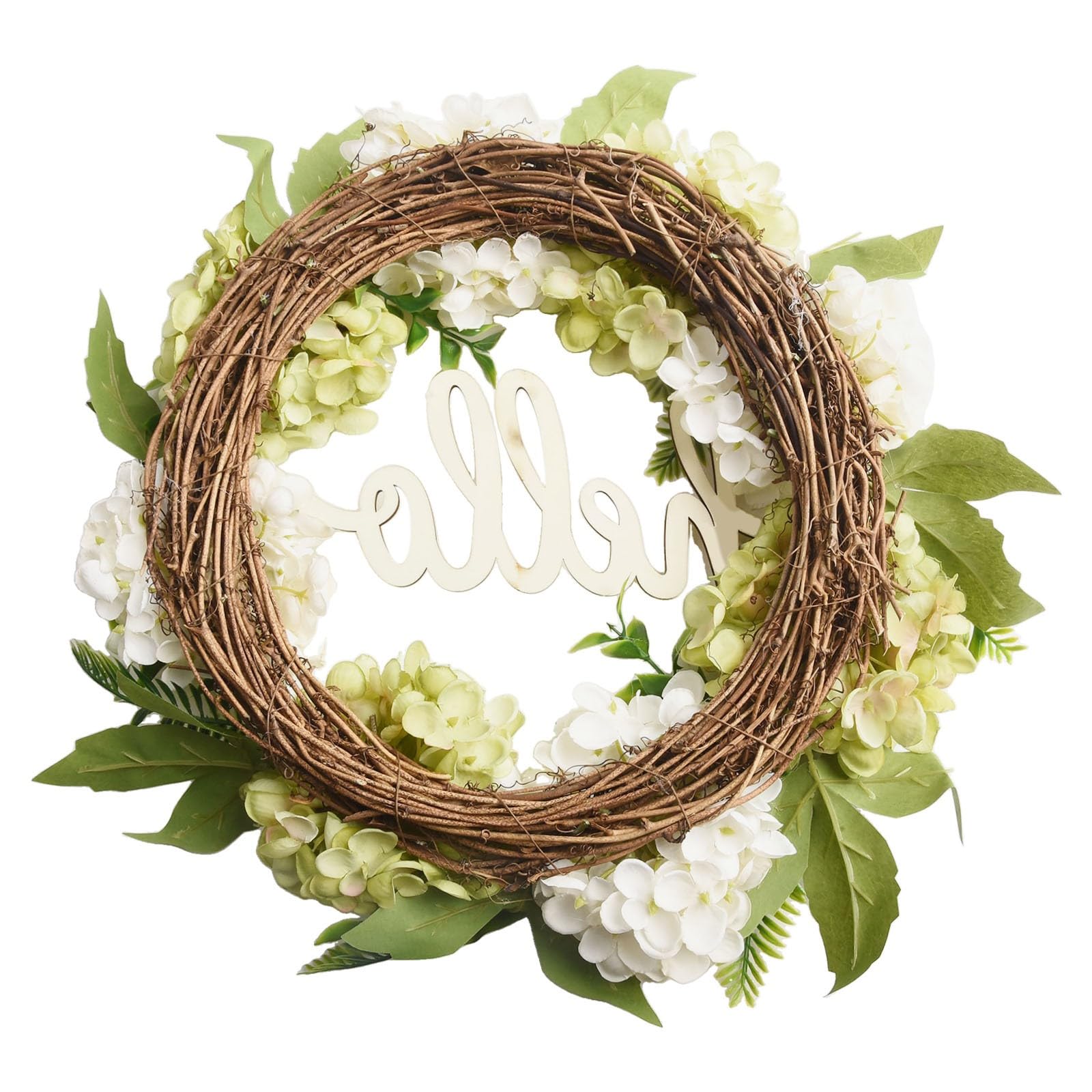 Corona de hortensias artificiales de 40 cm con letrero de saludo, guirnalda de flores de seda para puerta delantera, fondo de pared, interior y exterior, hogar, boda, fiesta, decoración