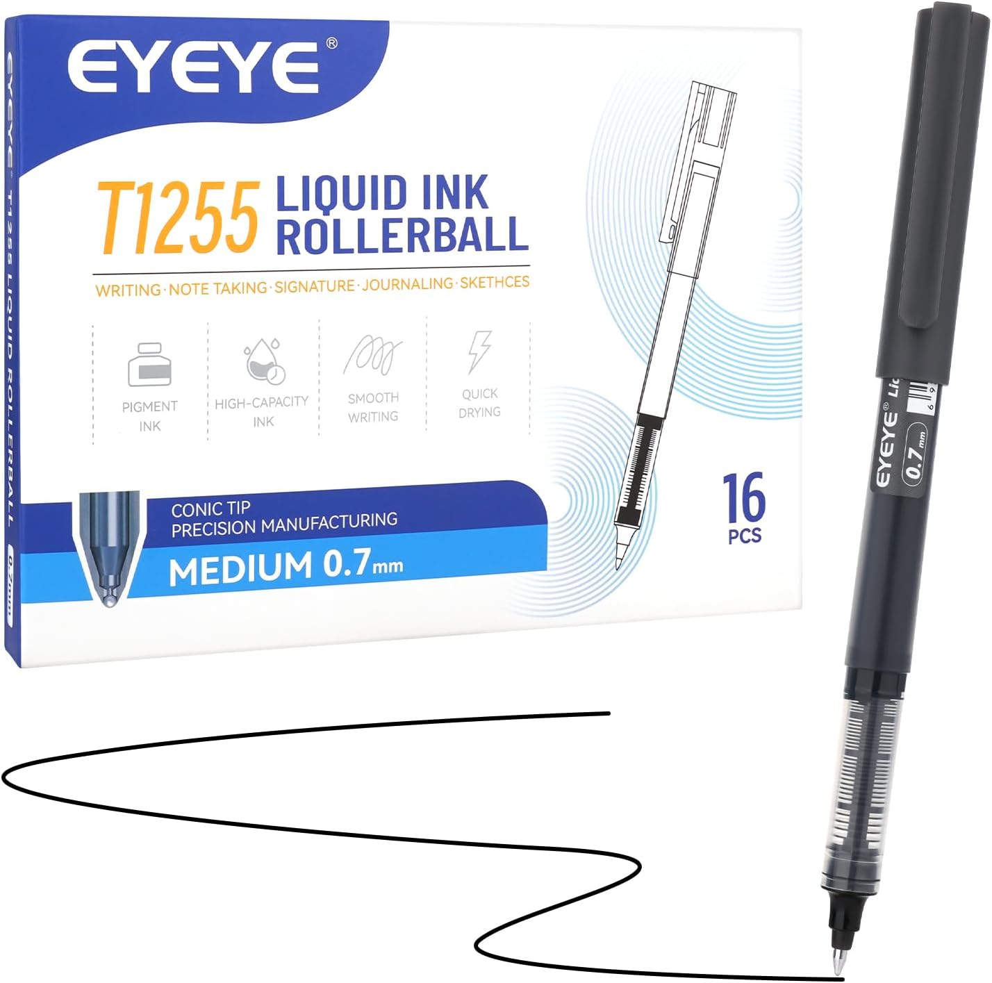 EYEYE Black Rollerball Pens 16 Pack, 0.7mm Medium Point Roller Ball Pens Quick Dry, Liquid Ink Pens Fine Point Smooth Writing Pens for Journaling, Note Taking, Office and School Supplies