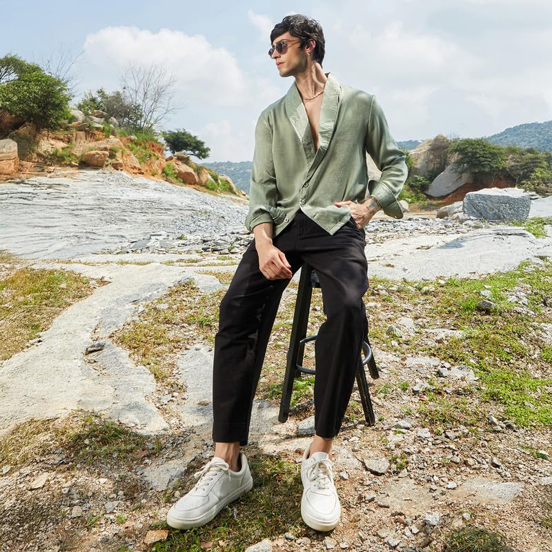 Image of CAHOOT Men's Olive Shirt Casual Wear | Shawl Collar | Long Sleeve | Button Closure | Shirt Crafted with Comfort Fit for Everyday Wear