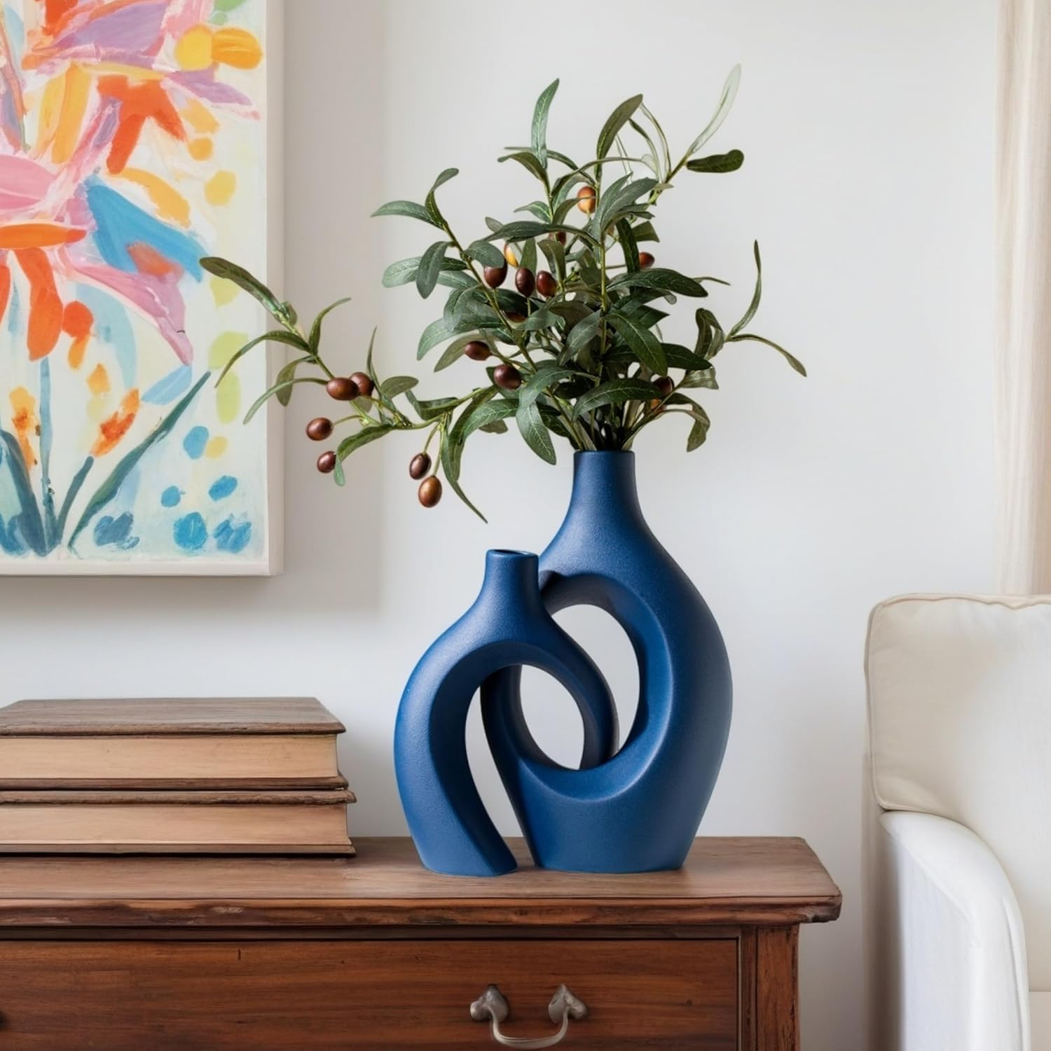 Snuggle Hollow Ceramic Vase Set of 2, 11 inch Hug Donut Modern Nordic Boho Style Vases for Home Decor Anthropologie Aesthetic Living Room Shelf Entryway Table Decorative (Navy Blue) - Image 9