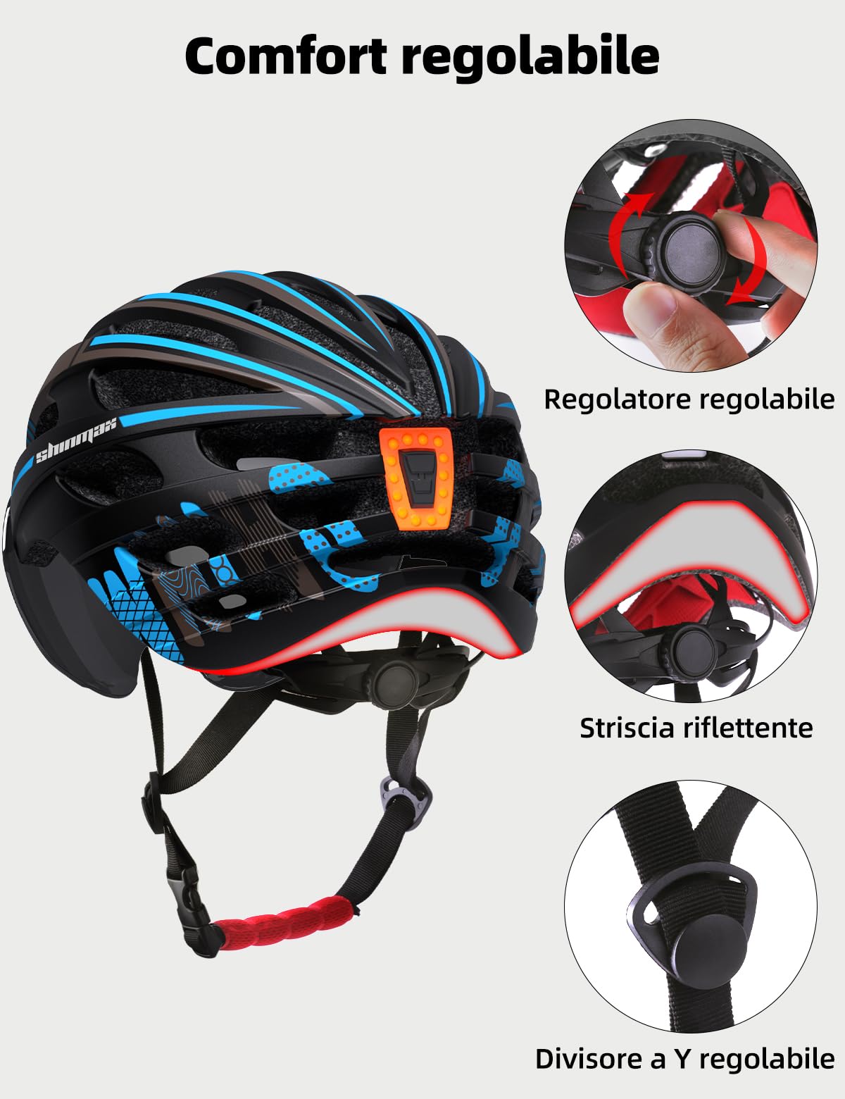 Shinmax Casco Bici Uomo Donna,MTB con USB Luce Protettiva UV Magnetica Visiera Adesivo Luminoso, Unisex Regolabile Casco Ciclismo per Strada Skateboard Certificato CE 57-62CM (RC-049)