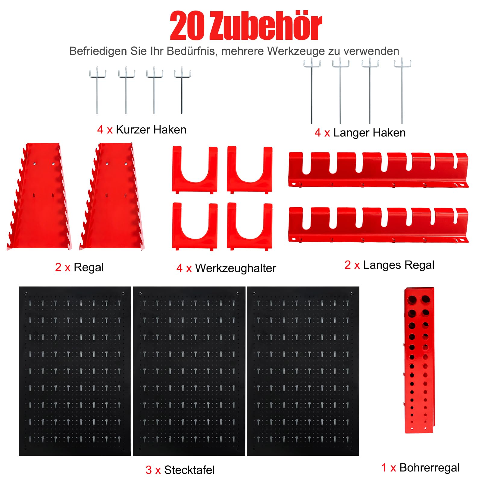 SOARS Werkzeugwand Metall, dreiteilige Lochwand mit 17-teiligem Hakenset