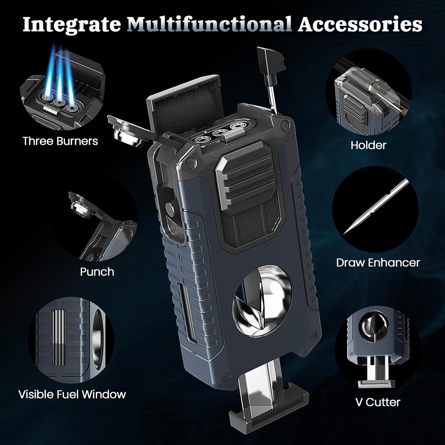 Torch Lighter Built-in Cutter, Punch, Holder, and Draw Enhancer Tool, with Gift Box for Men, Windproof Triple Jet Flame, Refillable Butane Lighter, All-in-one Lighters Accessories for Candle, Outdoor