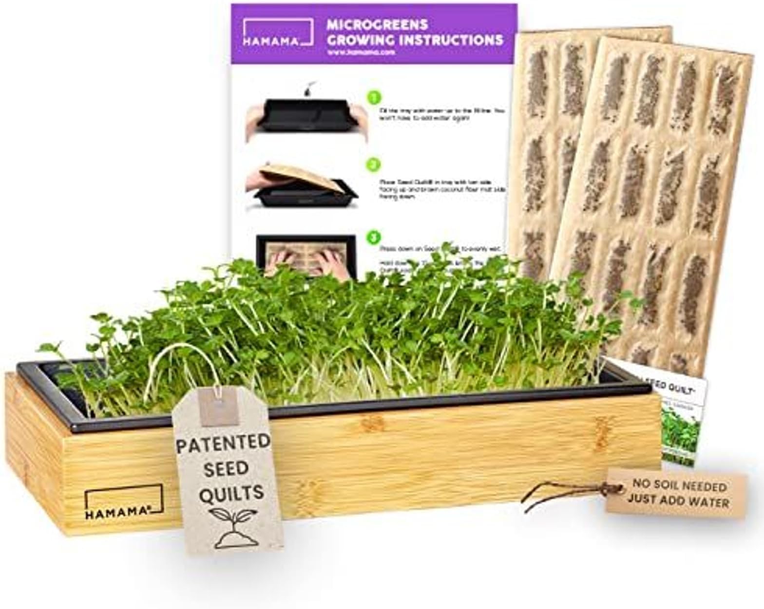 HAMAMA Microgreens Growing Kit Broccoli & Salad - Indoor Sprouts Mat - Seed Quilts Easy Setup Pack of 2 - Plastic Tray and Bamboo Frame