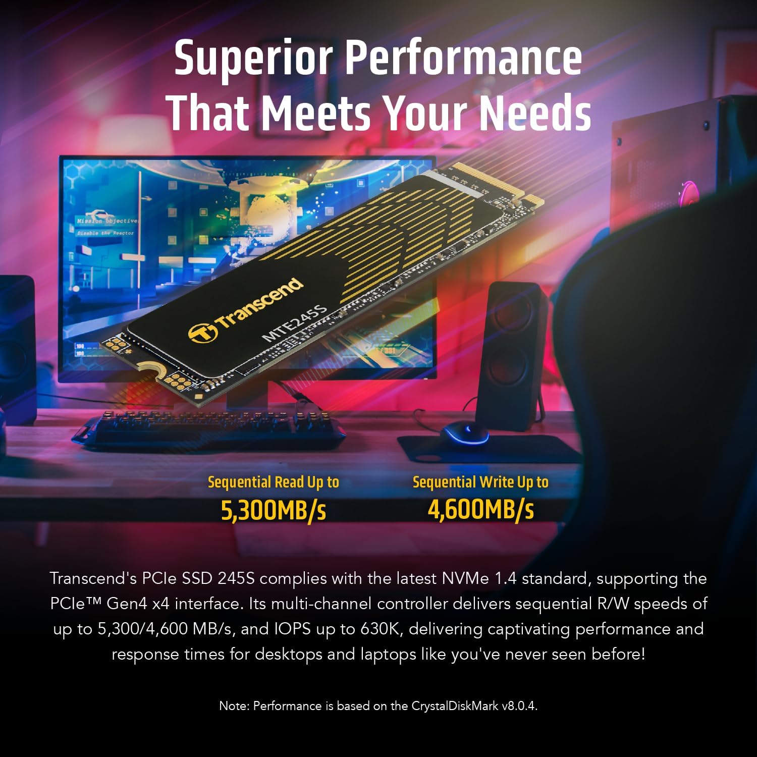 Transcend MTE245 4TB Gaming SSD with Heatsink, Up to 5,300MB/s, for PS5, Desktops, Laptops, M.2 2280 PCIe 4.0 NVMe Gen4x4 Internal Solid State Hard Drive, 3D TLC NAND, High-Speed Internal SSD