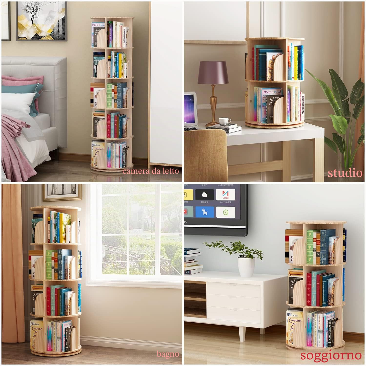 PTUWODS - Libreria girevole a 360°, scaffale portaoggetti per bambini e adulti, in legno massello (4 ripiani)